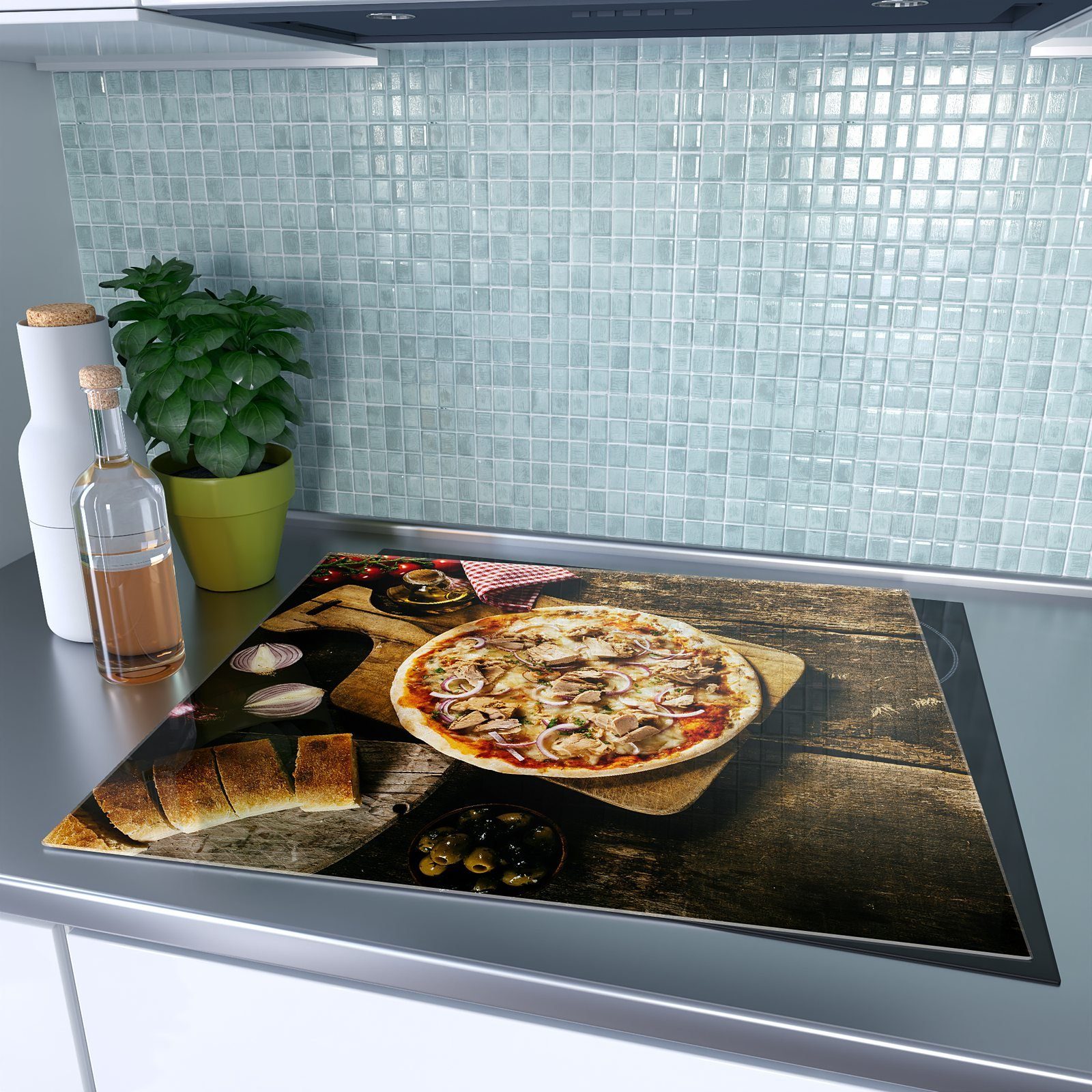Primedeco Glas, Herdabdeckplatte Pizza (1 tlg) auf aus Herd-Abdeckplatte Holztisch, Spritzschutz Glas