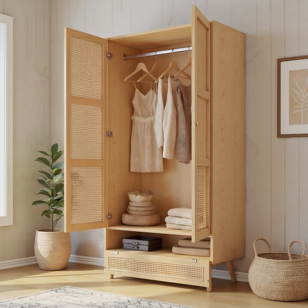 MODFU Kleiderschrank mit Stange, 2-türiger Schrank mit Flip-Top Deckel, Rattannetz Design (für Schlafzimmer und Wohnzimmer, Spanplatte + PE-Rattan)