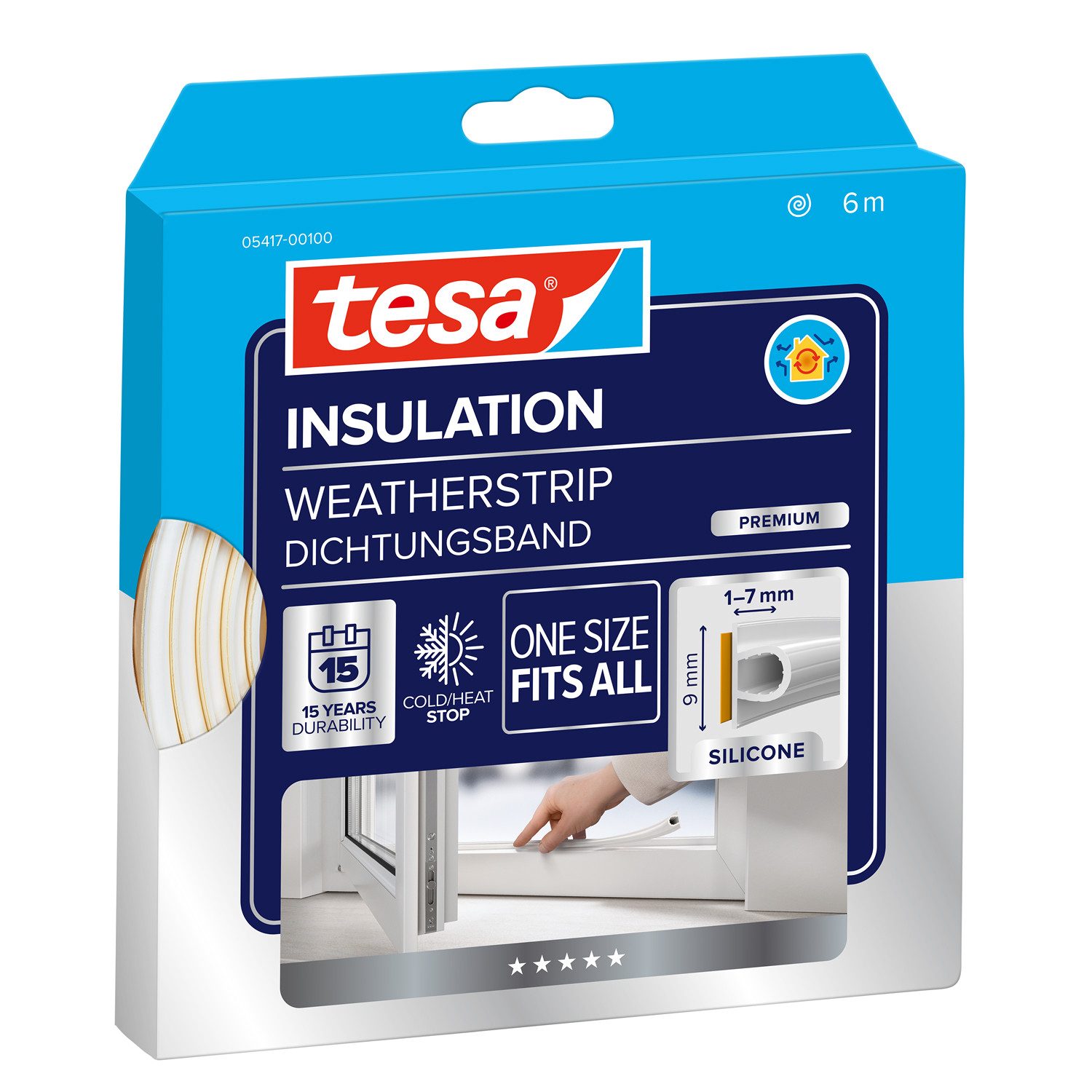 tesa Dichtband INSULATION Dichtungsband Premium - Selbstklebende Silikondichtung (Packung, 1-St., Dichtungsband weiß - 6 m x 9 mm x 7 mm) zum Isolieren von Spalten an Fenstern und Türen