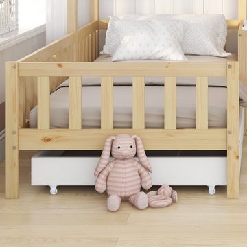 WISHDOR Kinderbett Holzbett Hausbett mit Schubladen und Regalen (90x200 cm+140x70cm) Natur), Massivholz mit Zaun und Lattenrost, L-Struktur, Ohne Matratze