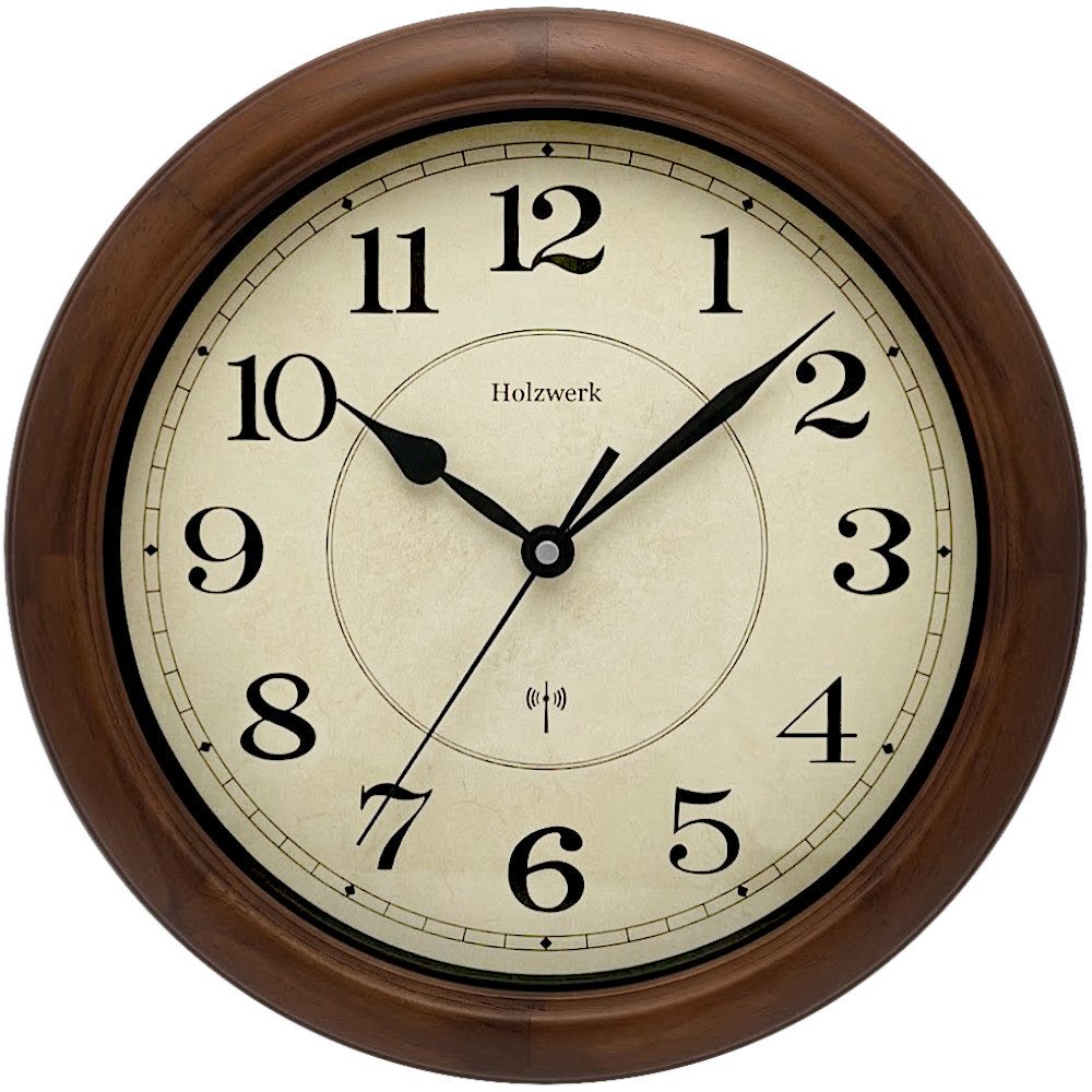 Holzwerk Funkwanduhr Designer Loft Funk Holz Wand Uhr (Nahezu lautloses Uhrwerk, analog, 35 cm)