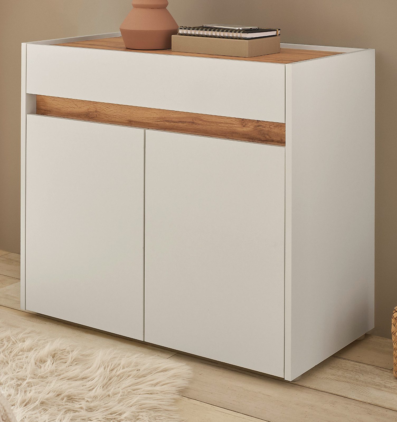 Furn.Design Schuhkommode Center (Kommode in weiß mit Wotan Eiche, 80 x 70 cm), viel Stauraum