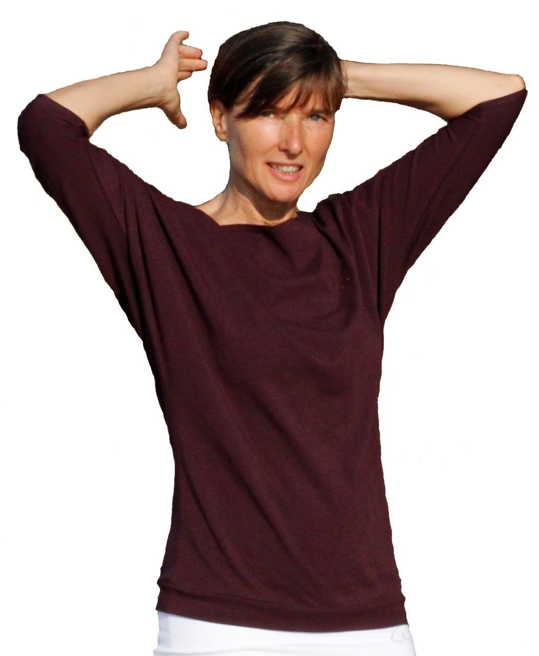 ESPARTO Yogashirt Halbarmshirt Sadaa in Bio-Baumwolle Wohlfühlshirt mit breitem Schulterausschnitt (U-Boot-Ausschnitt) Aubergine