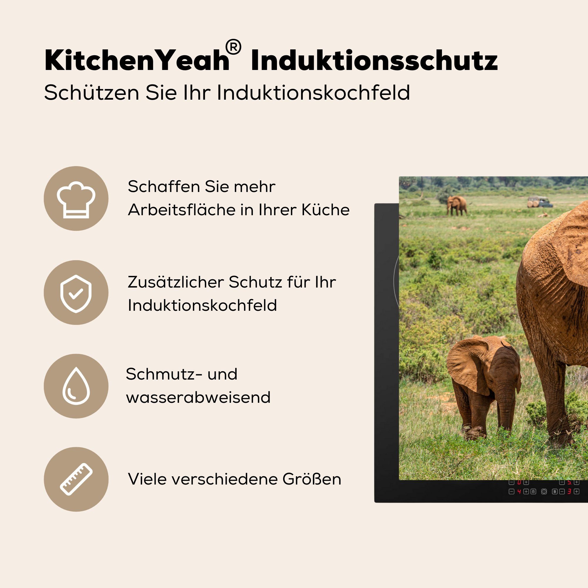 MuchoWow Herdblende-/Abdeckplatte Elefantenbaby mit seiner tlg), Ceranfeldabdeckung Induktionskochfeld Vinyl, die Schutz küche, für im Gras, (1 Mutter 81x52 cm