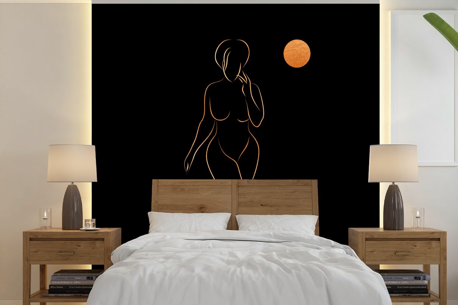 MuchoWow Fototapete Frau - Mond - Gold - Strichzeichnung, Matt, bedruckt, (5 St), Vinyl Tapete für Wohnzimmer oder Schlafzimmer, Wandtapete | Fototapeten
