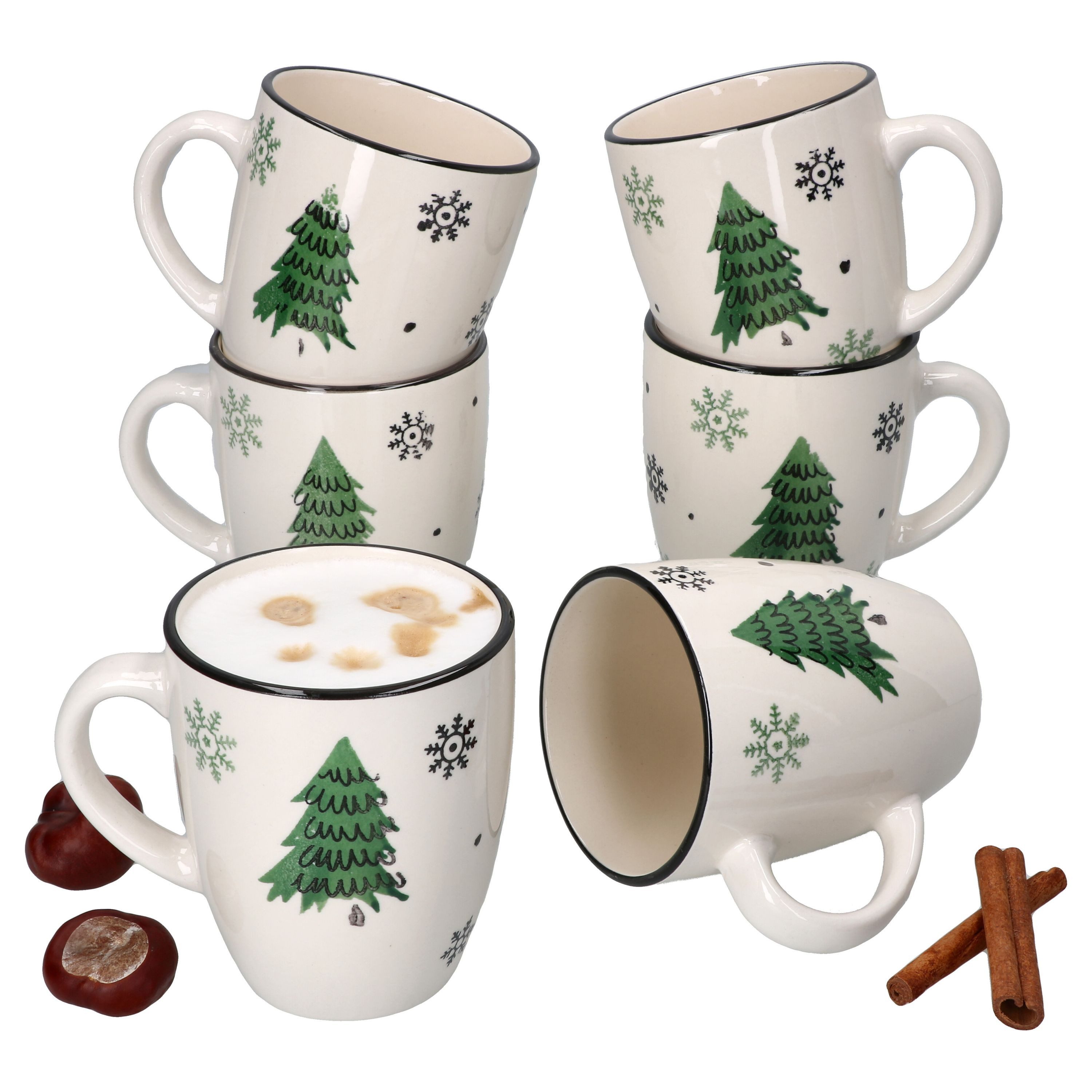 MamboCat Becher 6er Set Weihnachtsbaum Kaffeebecher Kaffeetassen Winter Becher, Steingut, Weihnachtsgeschirr, Weihnachten, Weihnachtsset, Geschirr