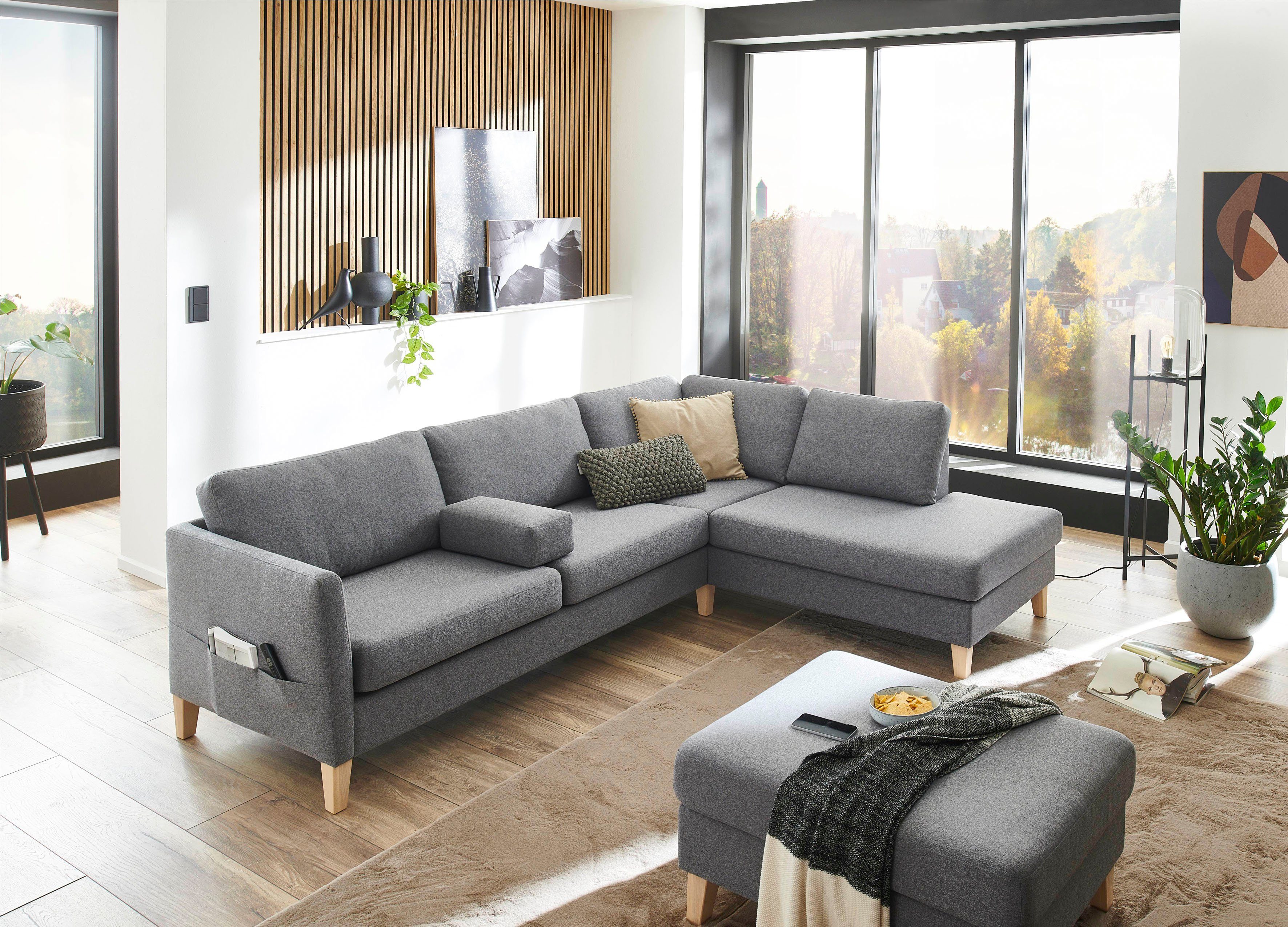 ATLANTIC home collection Ecksofa Mailo L-Form, mit Seitentaschen und Ottomane, mit Massivholzfüßen