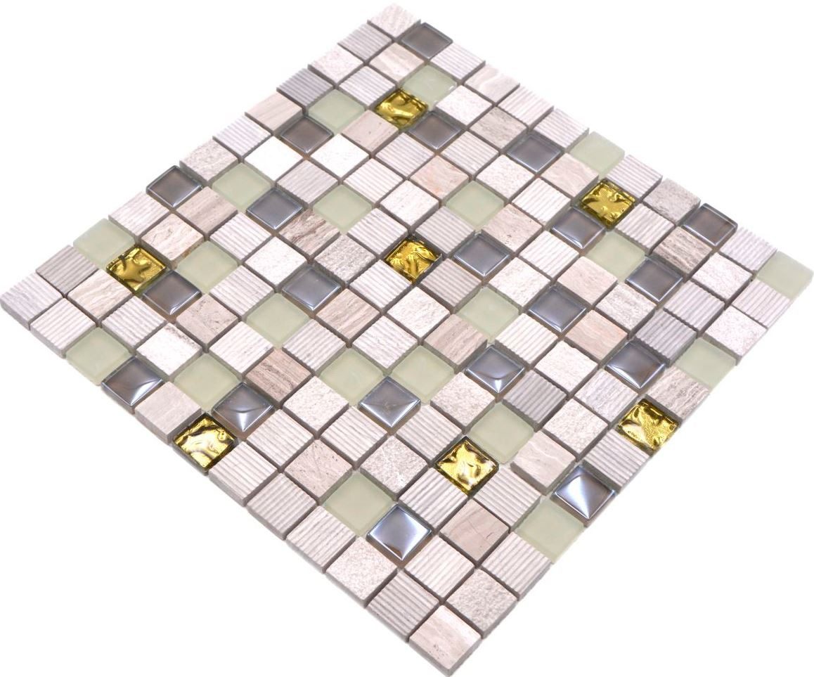 Mosani Mosaikfliesen Naturstein Rustikal Mosaikfliese Glasmosaik Marmor hellgrau gold