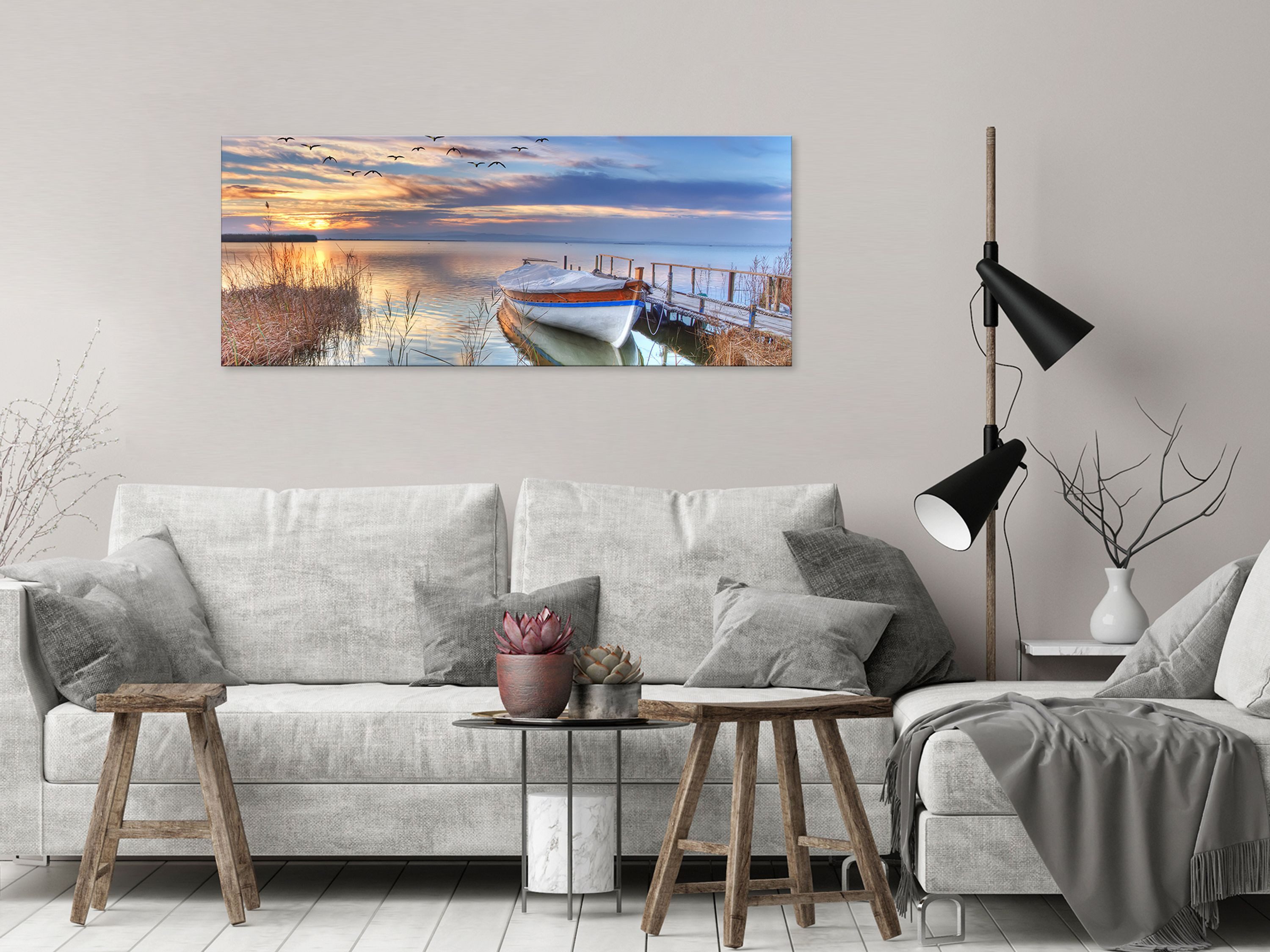 artissimo Glasbild XXL Bild aus Glas 125x50 cm / Panorama Wandbild groß / Wanddeko modern, Landschaft und Natur: Boot am Steg bei Sonnenuntergang – Bild 4 von 5