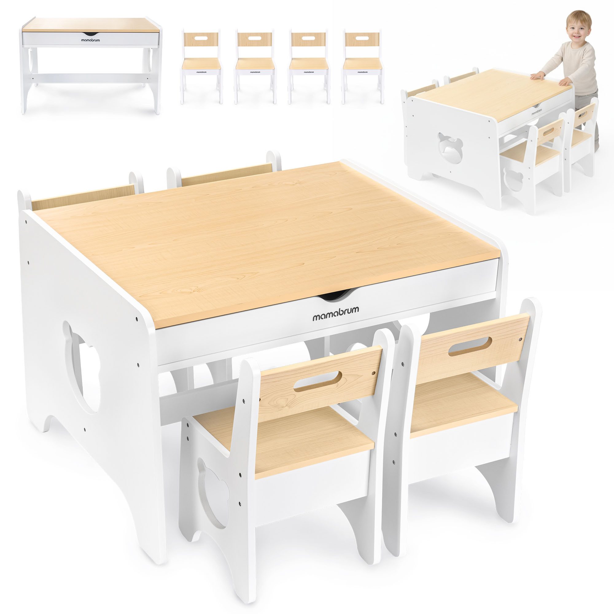 Mamabrum Kinderstuhl Mamabrum Kindertisch Set mit 4 Stühlen Holz weiß