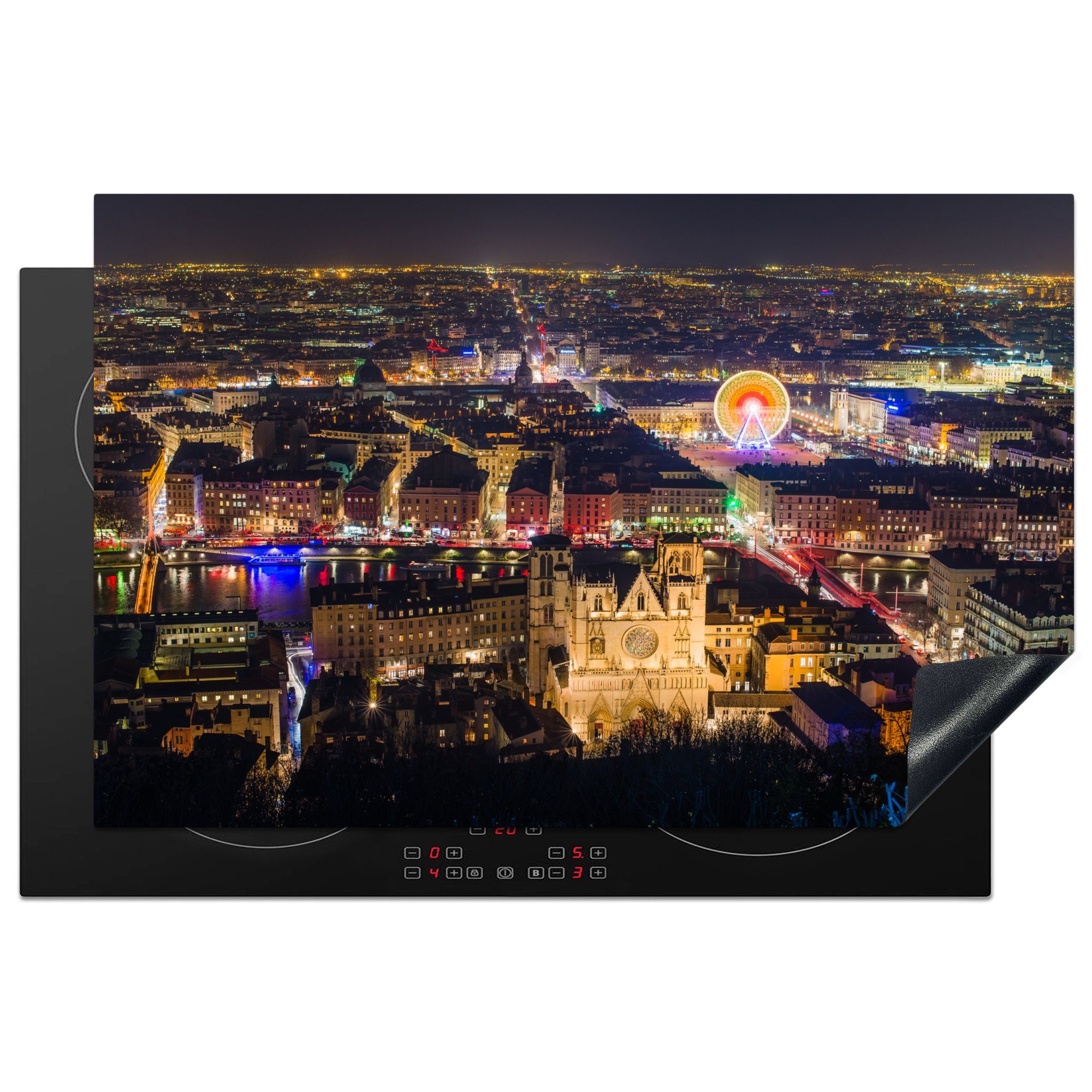 MuchoWow Herdblende-/Abdeckplatte Blick über Lyon bei Nacht in Frankreich, Vinyl, (1 tlg), 81x52 cm, Induktionskochfeld Schutz für die küche, Ceranfeldabdeckung