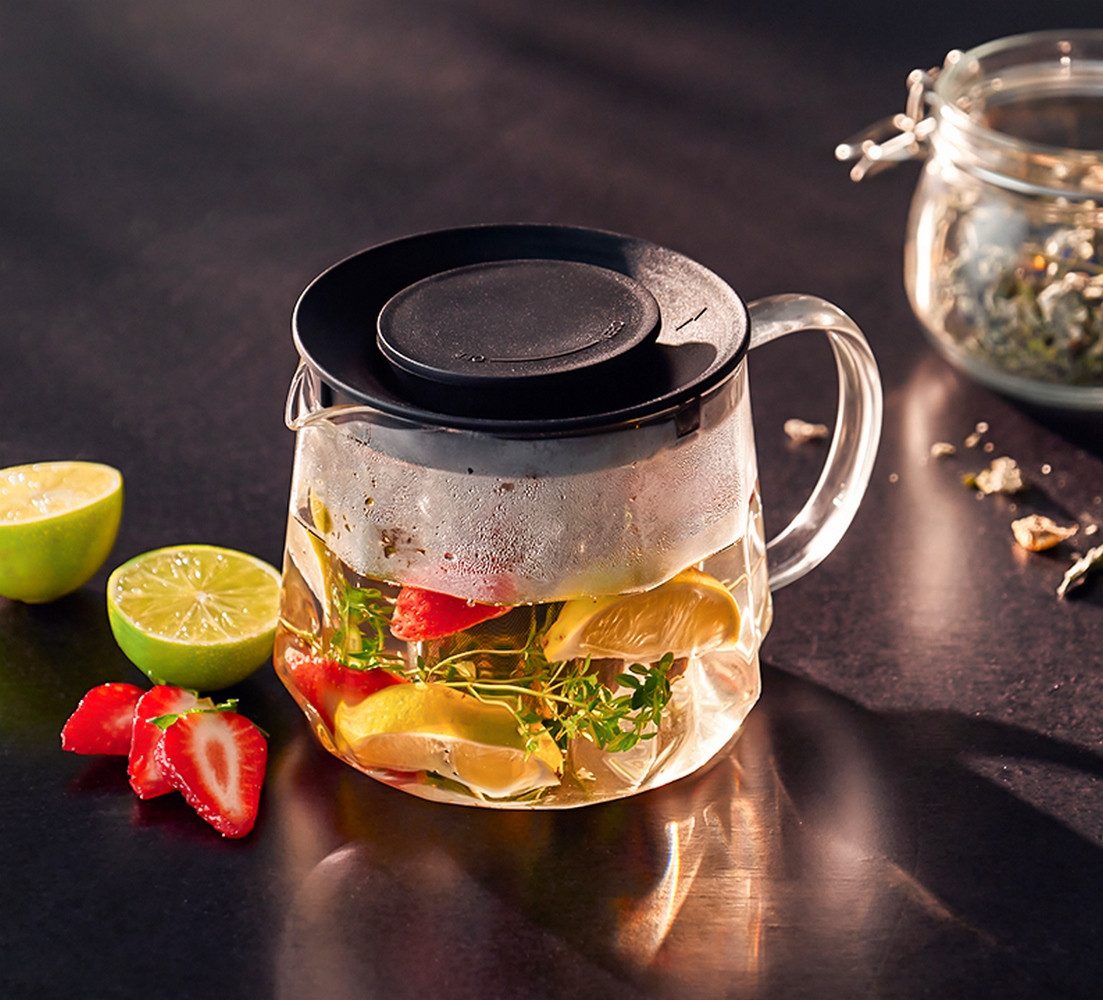 RESTO Kitchenware Teekanne Ain, hitzebeständige Glaskanne im 3D Design, Höhe ca. 12 cm, 1 l, (4-St), mit herausnehmbarem Filtersieb aus Edelstahl, im Geschenkkarton