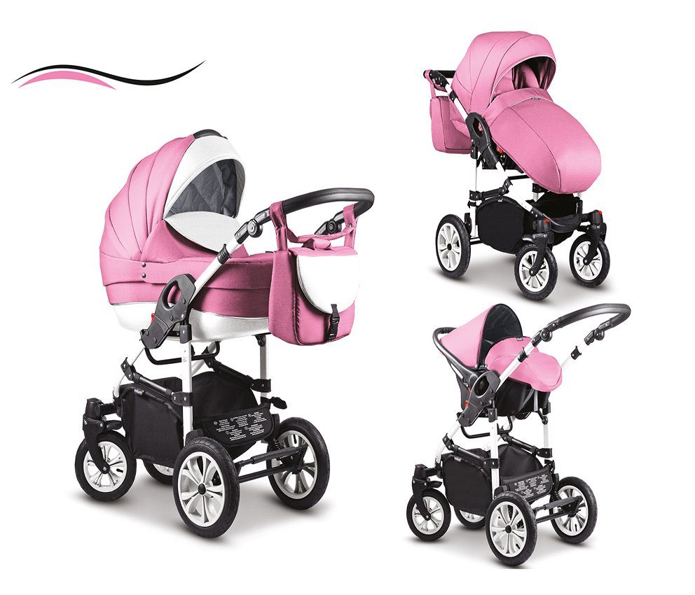 babies-on-wheels Kombi-Kinderwagen 3 in 1 Kinderwagen-Set Cosmo - 16 Teile - in 41 Farben Rosa-Weiß