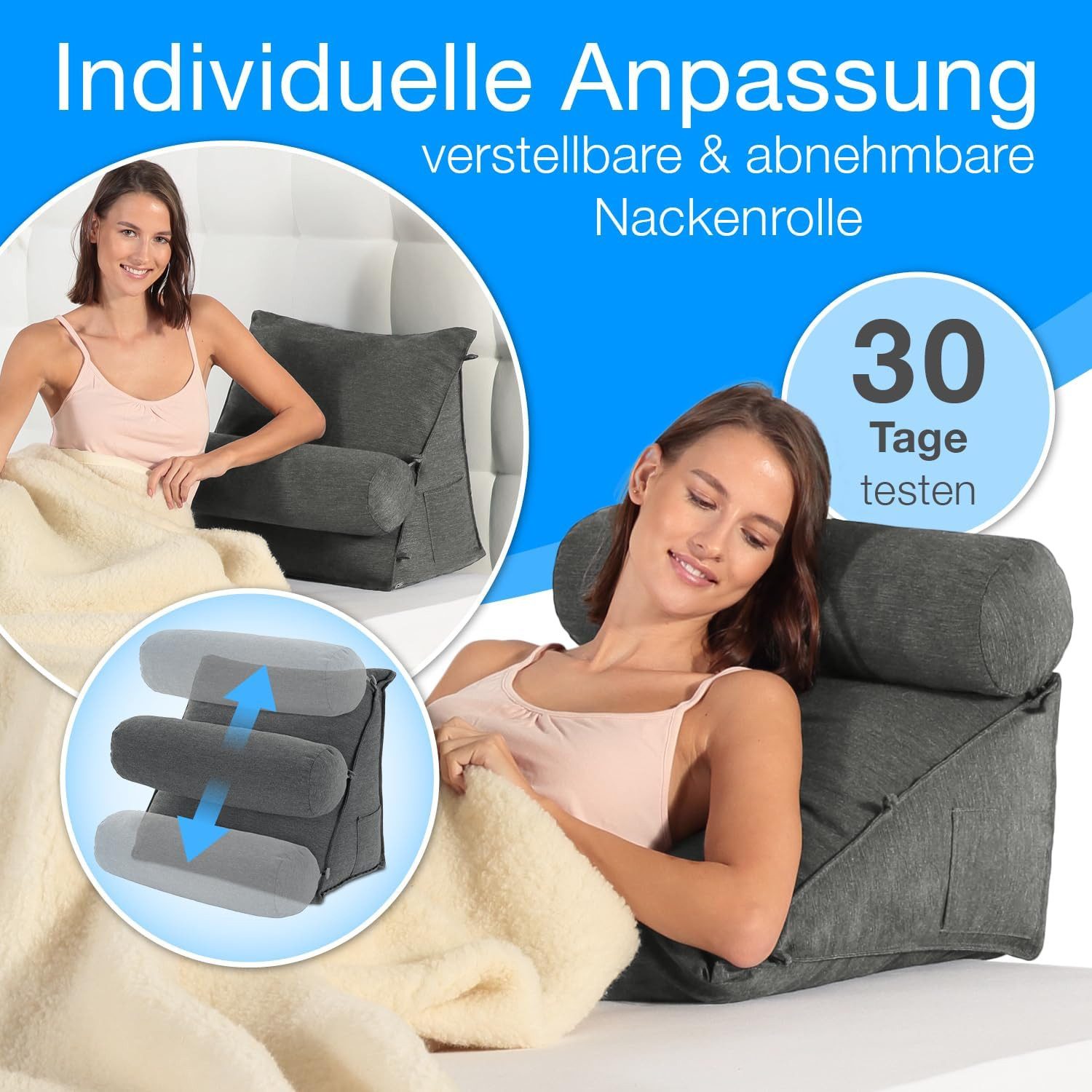 ELONEO Rückenkissen mit Nackenrolle für Bett & Sofa, 55x50x30cm, waschbarer Bezug