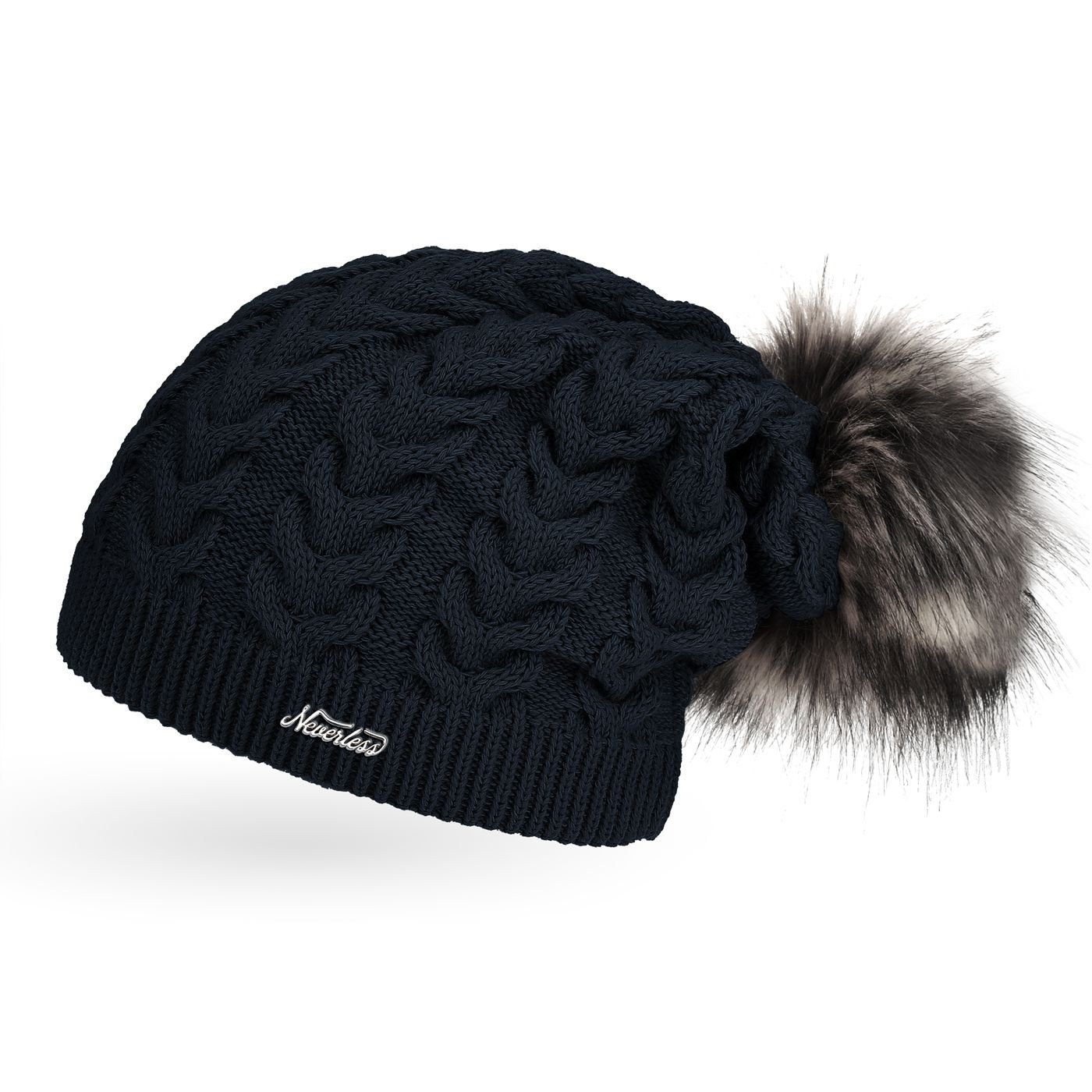 Neverless Bommelmütze coole Damen Strickmütze Strick-Beanie gefüttert Fell-Bommel