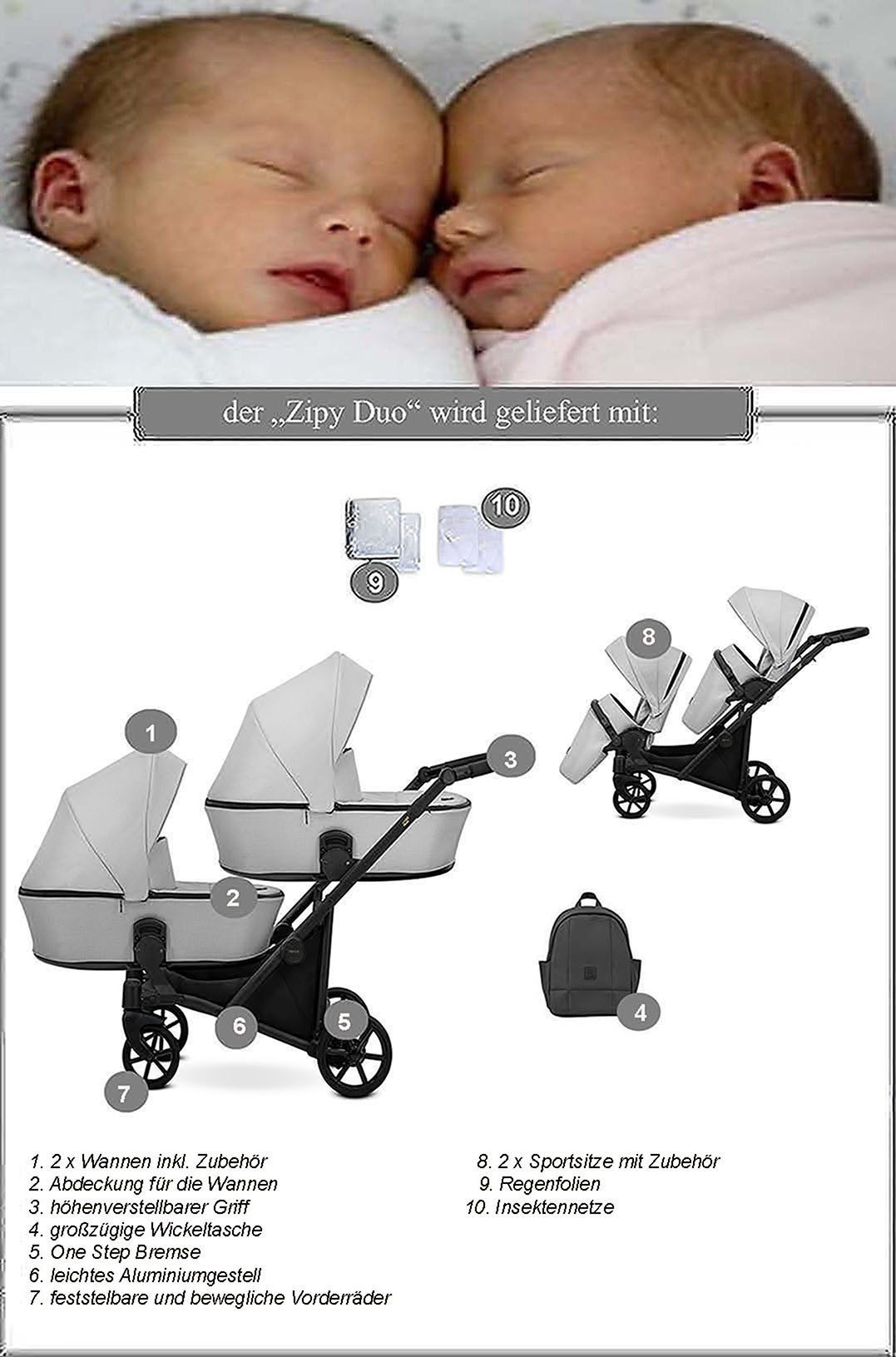 babies-on-wheels Zwillings-Kombikinderwagen Zipy Duo 2 in 1 inkl. Sportsitze und umfangreichen Zubehör in 6 Farben