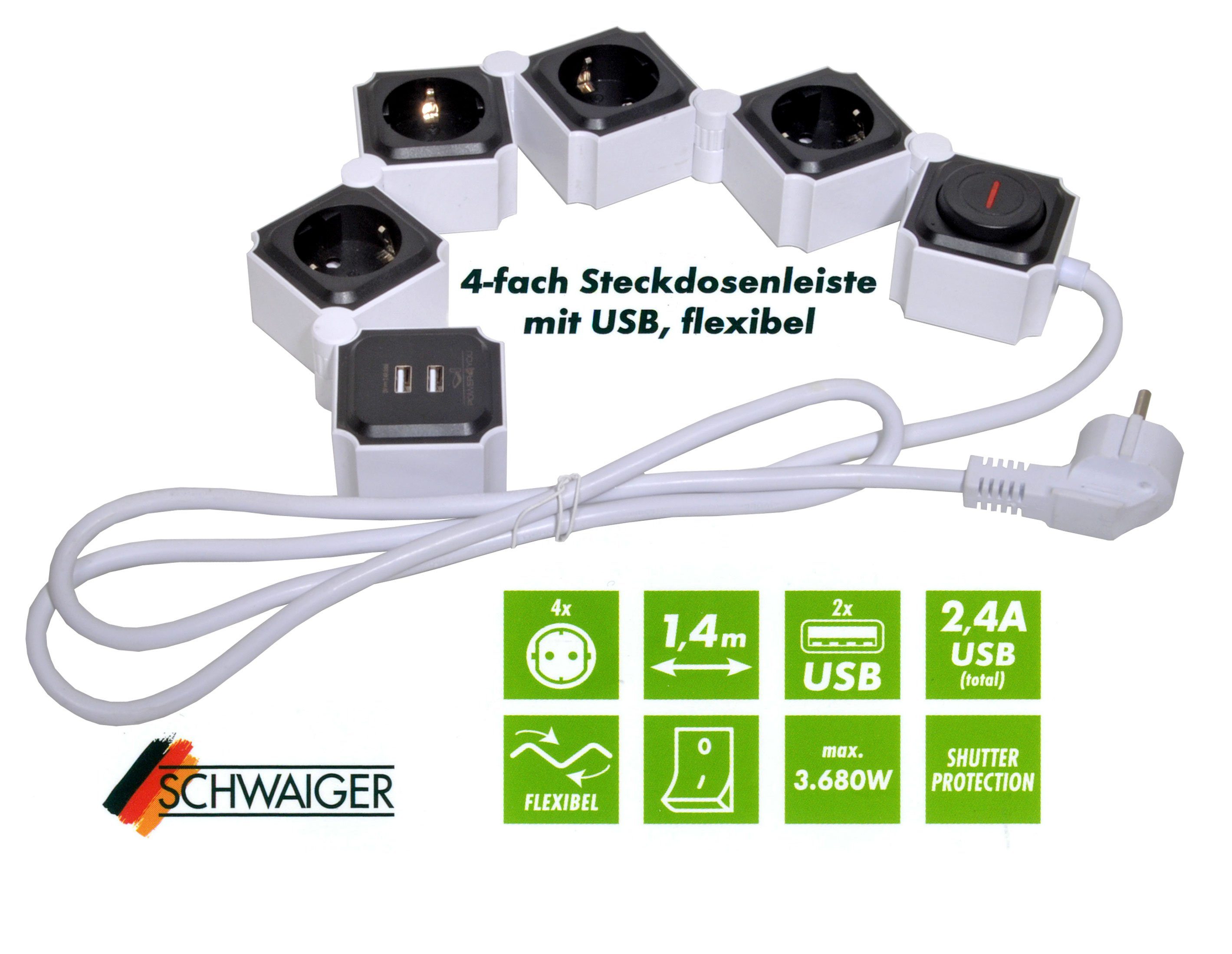 / Ausschalter, Mehrfachsteckdose schwarz Schalter / (4,2A) Flexible x 1,5M USB-Anschlüsse, 12w 2 Schalterbeleuchtung, Ein- x 2 separate 4-fach Ausschalter, inkl. USB (Ein- Schwaiger USB kabel), Einsatz, Steckdosenleiste Mehrfachstecker