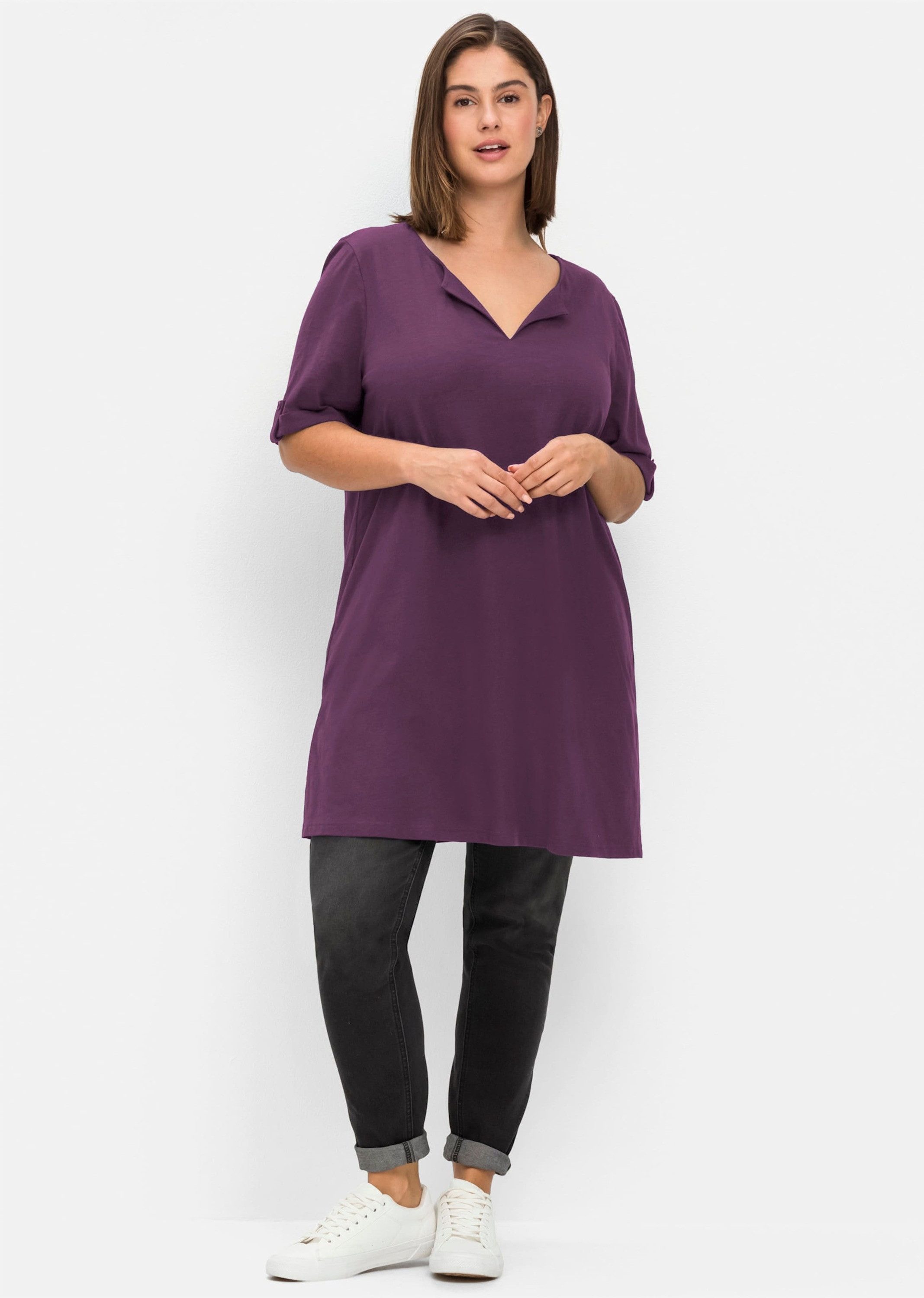 Sheego T-Shirt Longshirt Kurzarm mit geschlitztem Ausschnitt