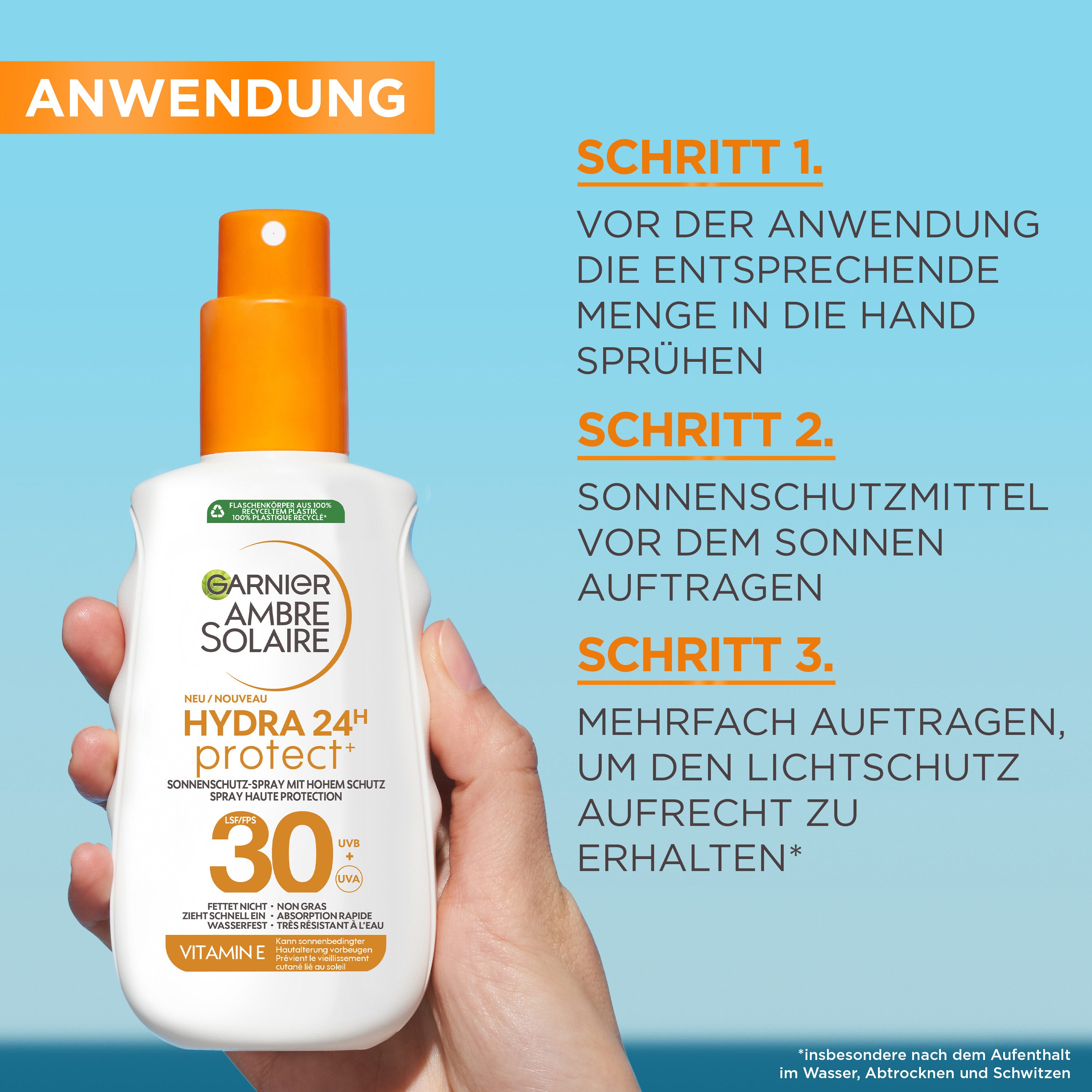 GARNIER Sonnenschutzspray AMBRE SOLAIRE HYDRA 24H PROTECT+ SONNENSCHUTZ-SPRAY LSF 30, Spray-Textur, wasserfeste Formel, mit Vitamin E – Bild 4 von 5