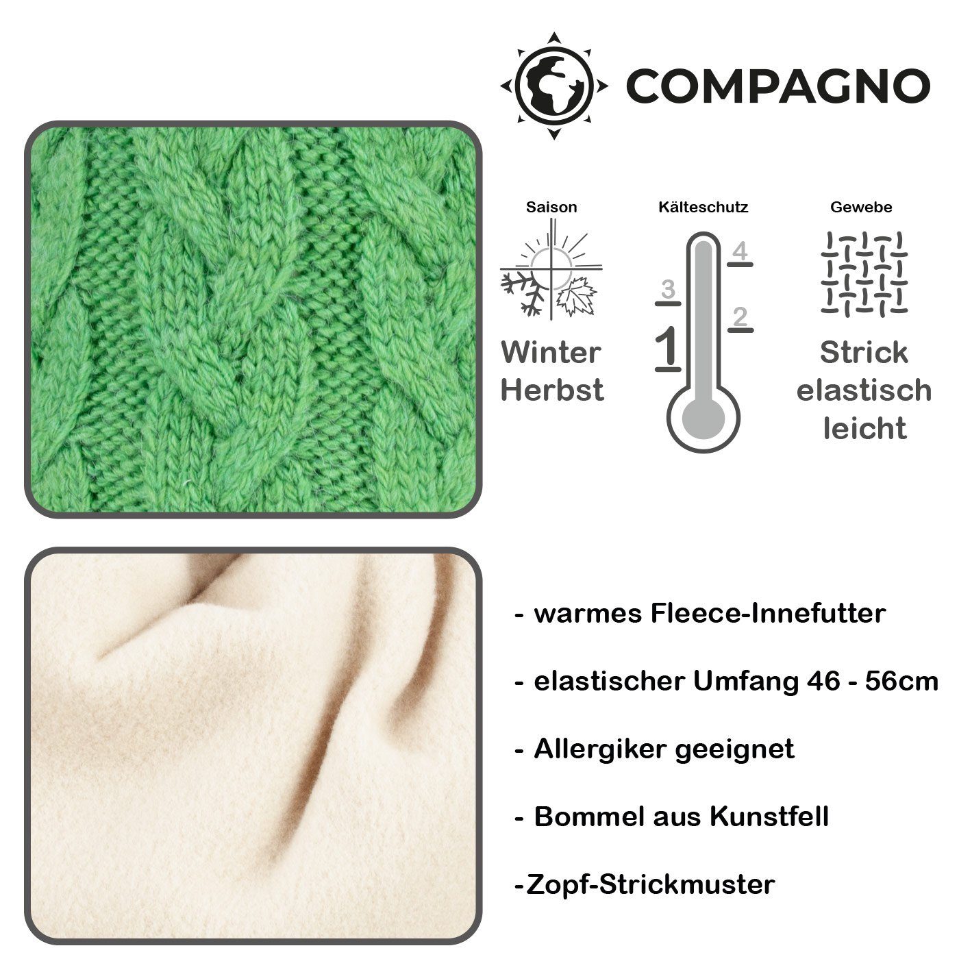 compagno Bommelmütze (1-St) Bommelmütze Wintermütze Zopf-Strickmuster Damen Fleecefutter Beanie