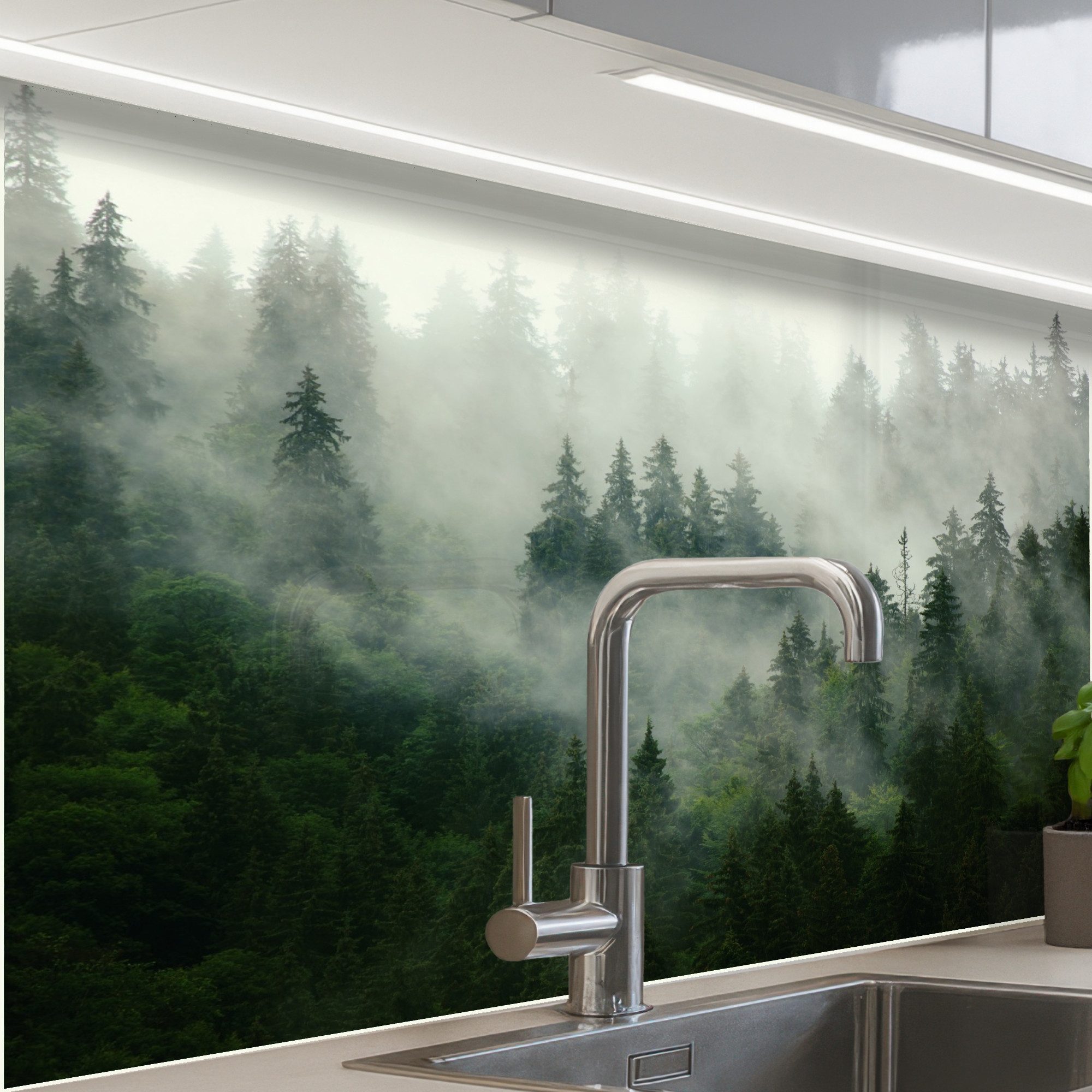 KitchenYeah Küchenrückwand selbstklebend Wald - Nebel - Bäume - Natur, (1-t günstig online kaufen