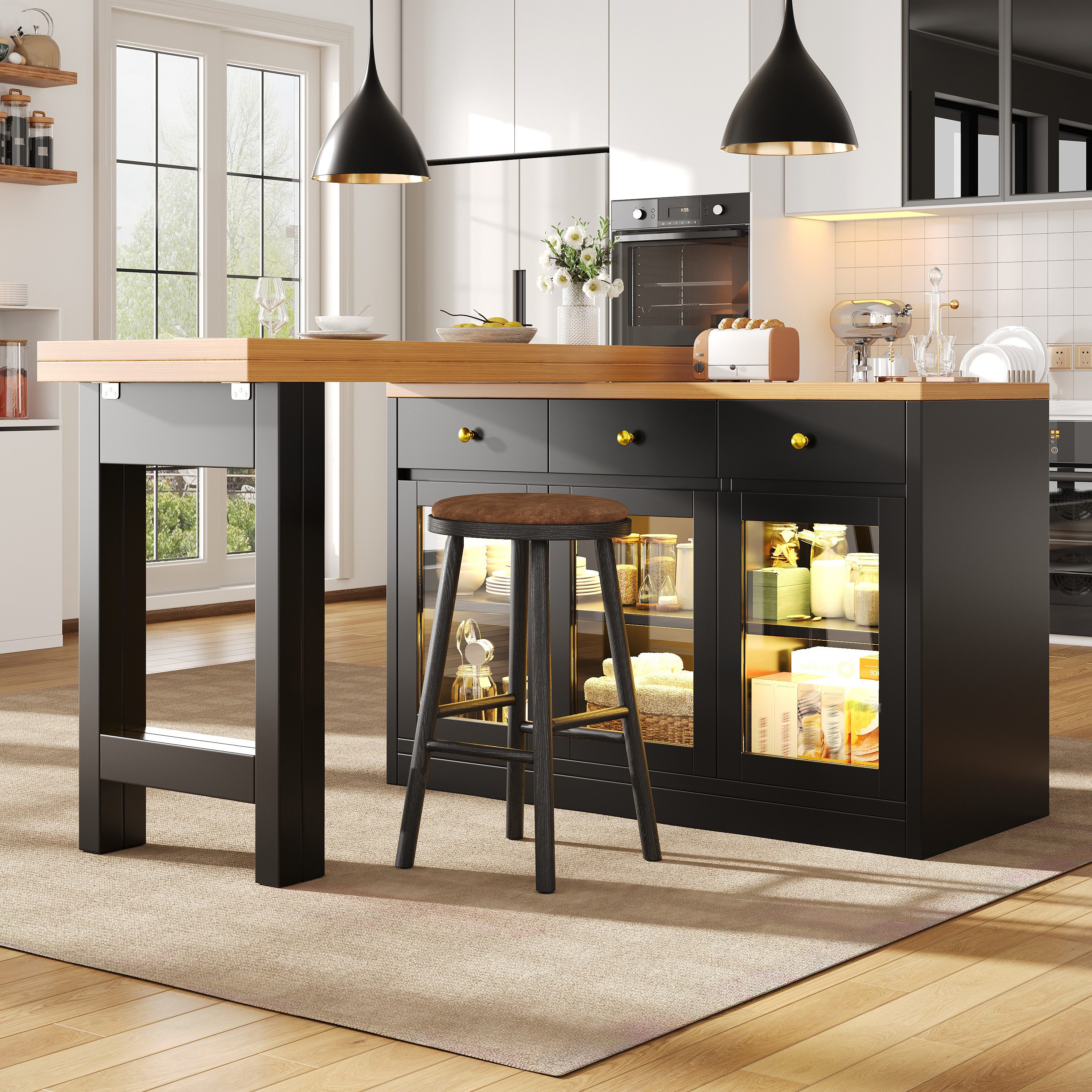 Flieks Kücheninsel Küchenschrank mit 360° drehbarer und klappbarer Arbeitstisch, (Holzoptik Tischplatte Tiefe 40-80cm, Längenverstellbar 120-200cm), ausziehbarer Esstisch & Mehrzweckschrank mit Led-Beleuchtung Schwarz