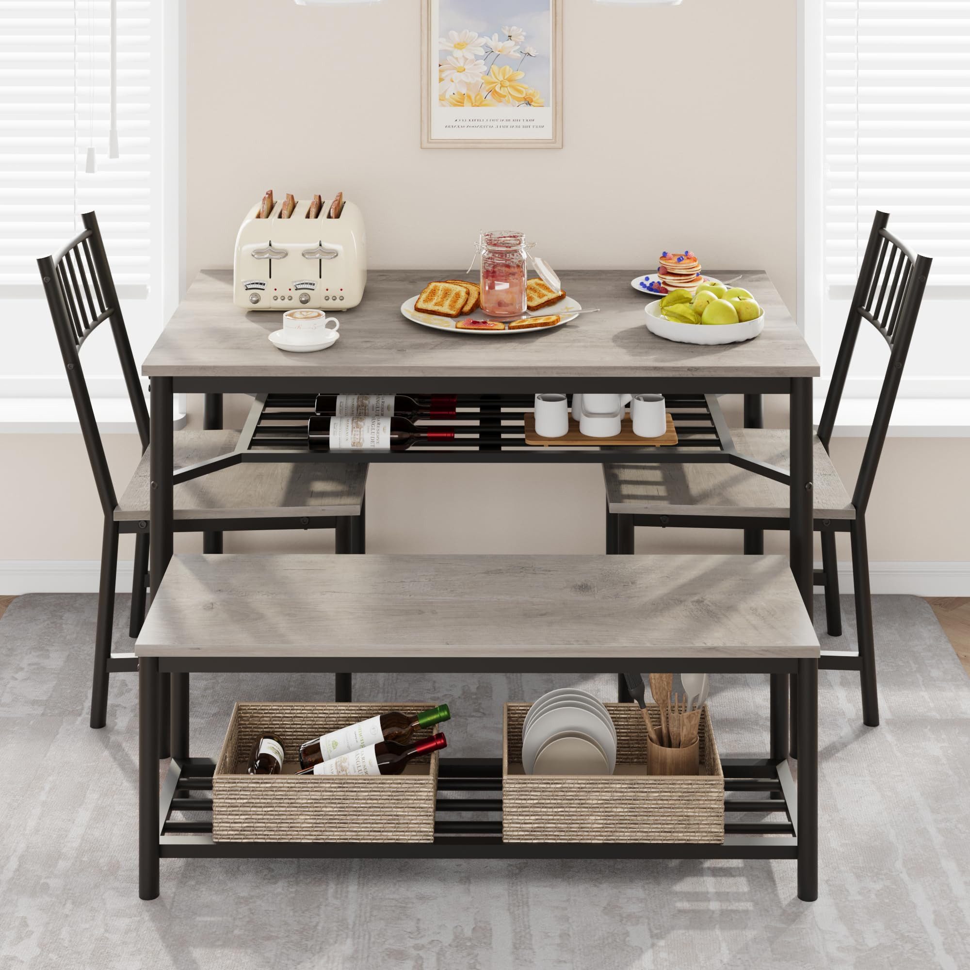 GarveeMore Essgruppe 4 Personen Esstisch Aufbewahrungsbank und 2 Stühlen Sitzgruppe Robust, Tisch: 70 x 120 x 80 cm Stuhl: 39 x 40 x 92 cm Bank: 30 x 105 x 45 cm