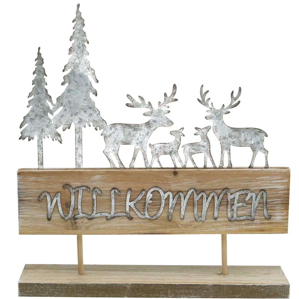 Florists Products Weihnachtsmann Willkommen-Deko mit Rehen und Tannen aus Holz und Metall