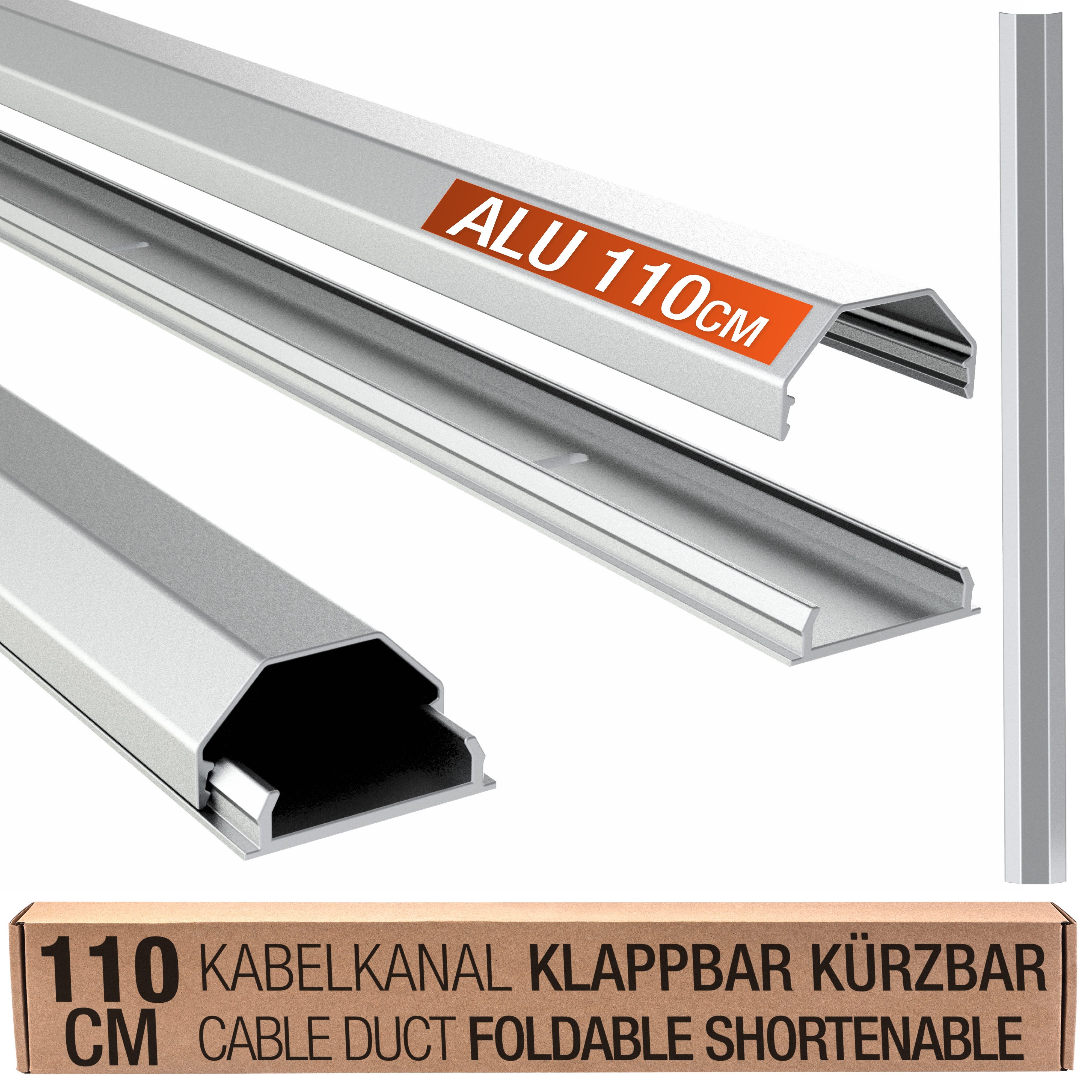 RICOO Kabelführung Kabelkanal Aluminium eckig Länge 110cm silber Z0100-S (1-St., Metall Kabel Organizer Alu Kabel verstecken flexibel kürzbar), Kabelklemme Kabelmanagement für Wand und Boden 1100 x 18 x 33mm