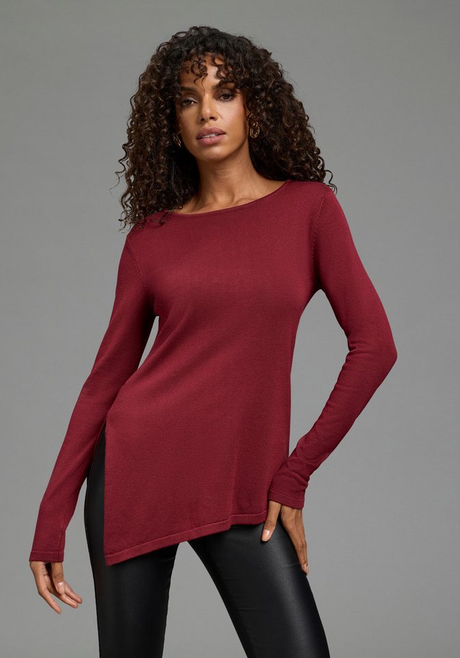 Bruno Banani Strickpullover mit asymmetrischem Saum und seitlichem Schlitz Rundhalsausschnitt, hüftbedeckende Länge, figurbetonte Passform
