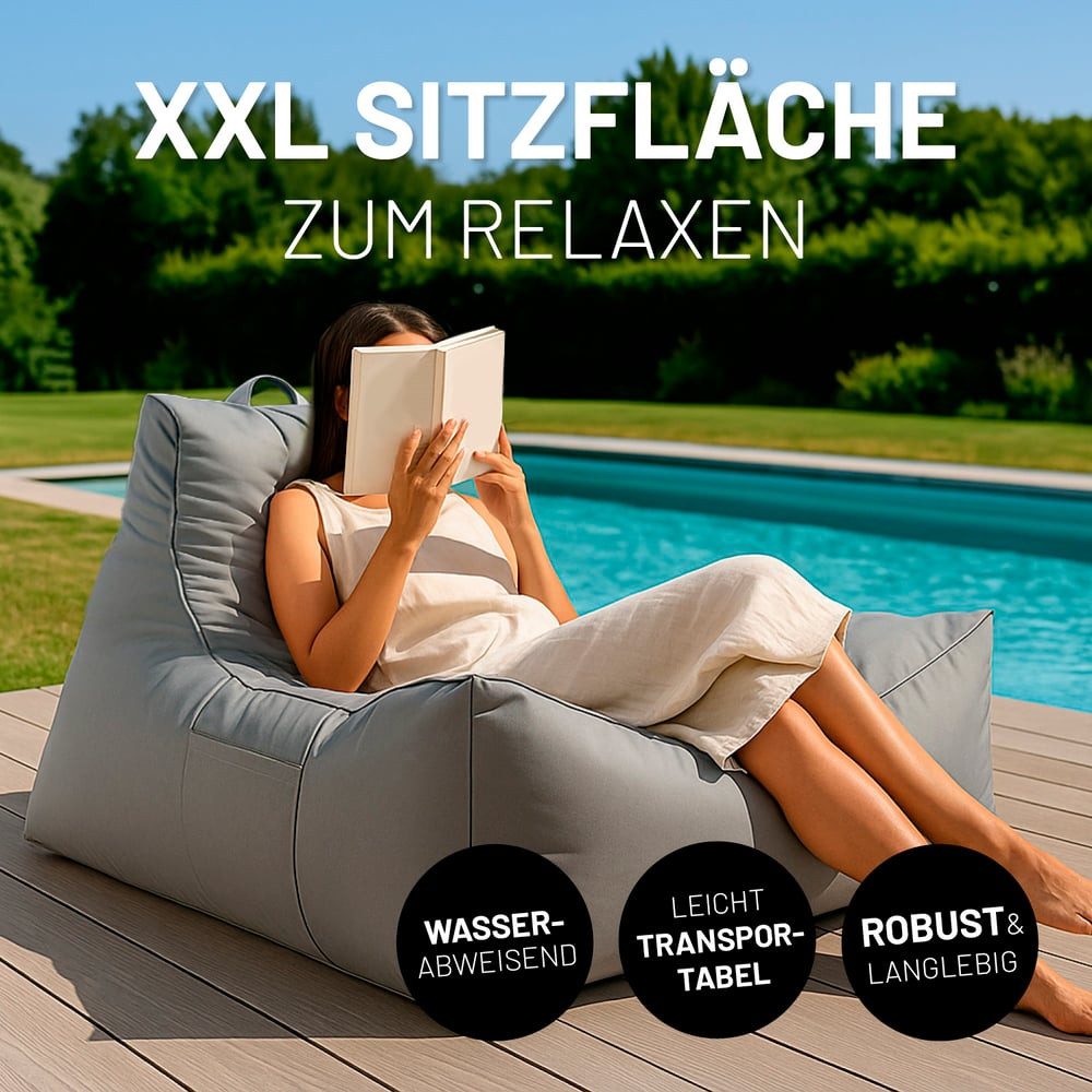 Lumaland Sitzsack Sitzsack-Lounge In-& Outdoor 380l grau, mit Flaschenhalter