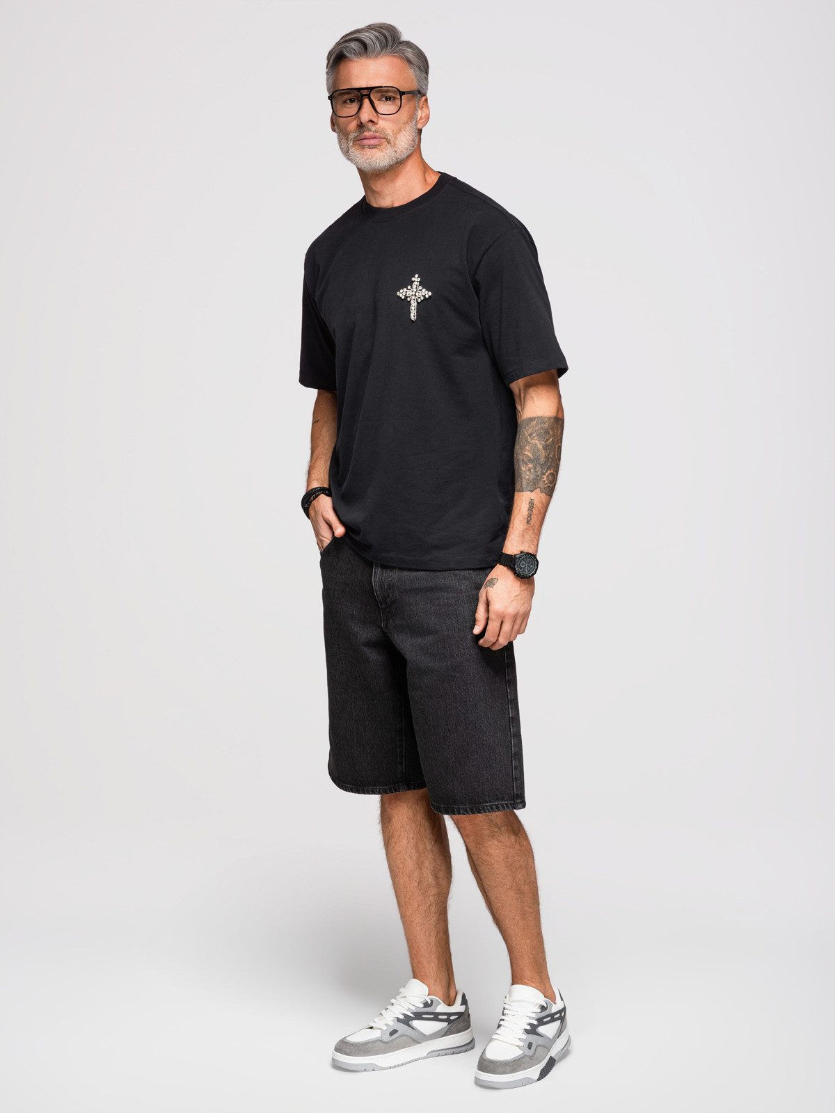 OMBRE Print-Shirt Herren Loose Fit T-Shirt mit dekorativem Motiv Schwarz S (kein Set, 1-tlg)