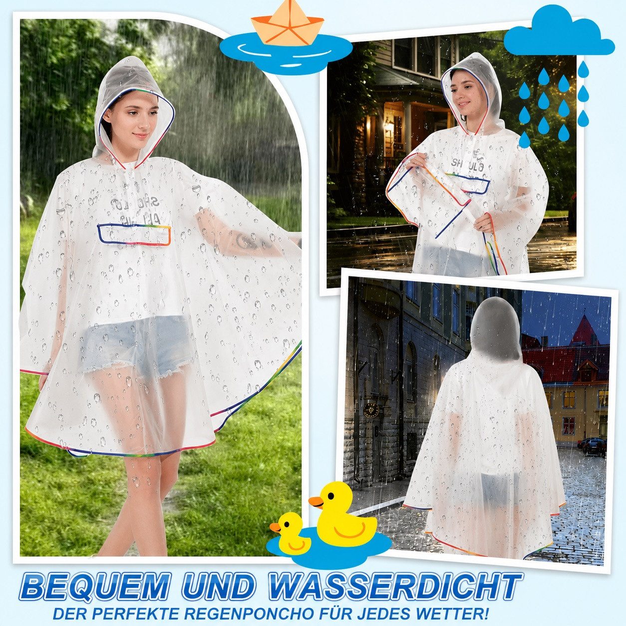 MOPUEA Regenmantel Transparenter Damen-Regenponcho, transparenter Poncho (für Camping Wandern Draussen und Täglicher Gebrauch, 1-tlg., Regenmantel für Erwachsene, regencape damen) mit Kordelzug Kapuze EVA Wiederverwendbarer Tragbarer Regencape