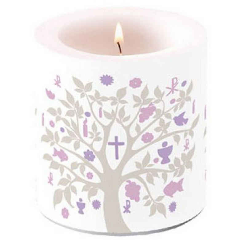 Ambiente Luxury Paper Products Stumpenkerze Wunderschöne Kerze Kommunion rosa flieder H9 D7,5 cm Paraffin (1-tlg)