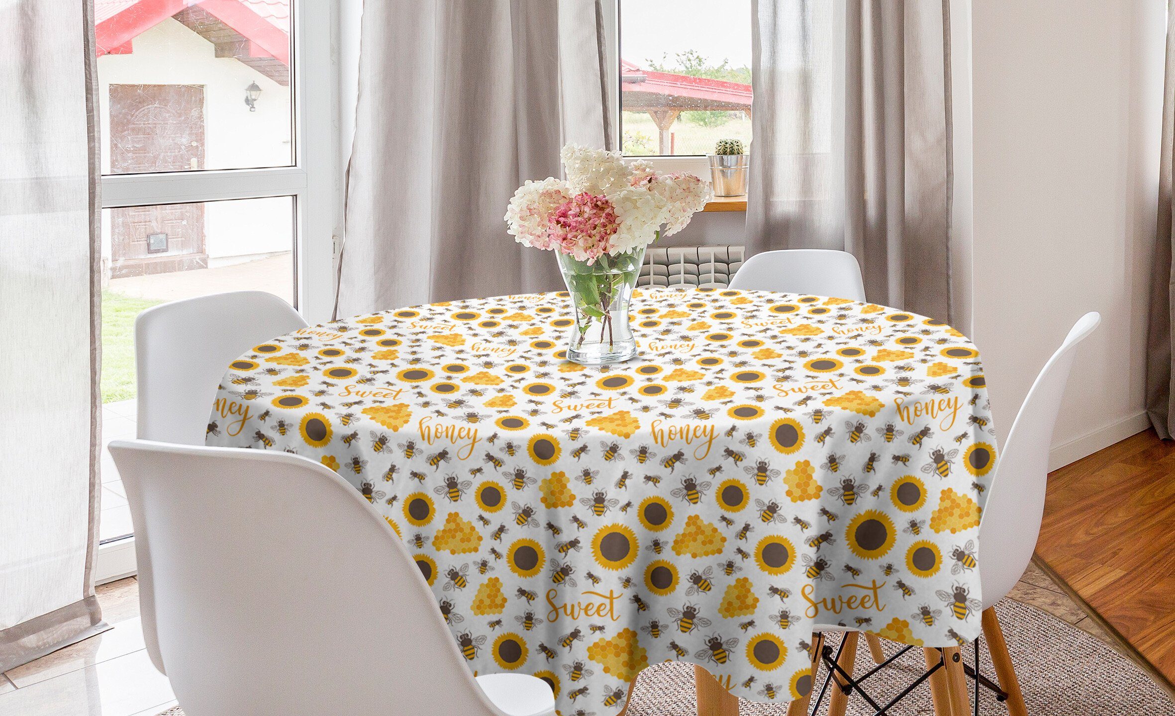 Küche Abdeckung Esszimmer Text Dekoration, Tischdecke Tischdecke Kreis und Bee für Honig Bienenwabe Abakuhaus