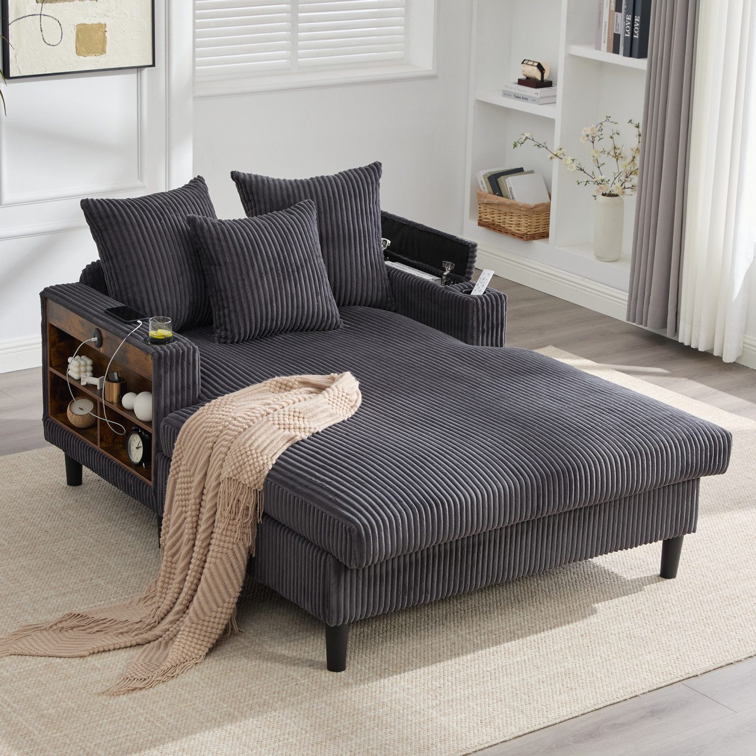 ANYSUN Sessel Cord-Schlafsofa,Relaxsessel Cord,Lesesessel bequem, (mit Chaiselongue & großer Liegefläche, LED-Beleuchtung, Stauraum), Multifunktionale Cord-Lounge,fur Wohnzimmer, Büro & Wohnung,Apartment