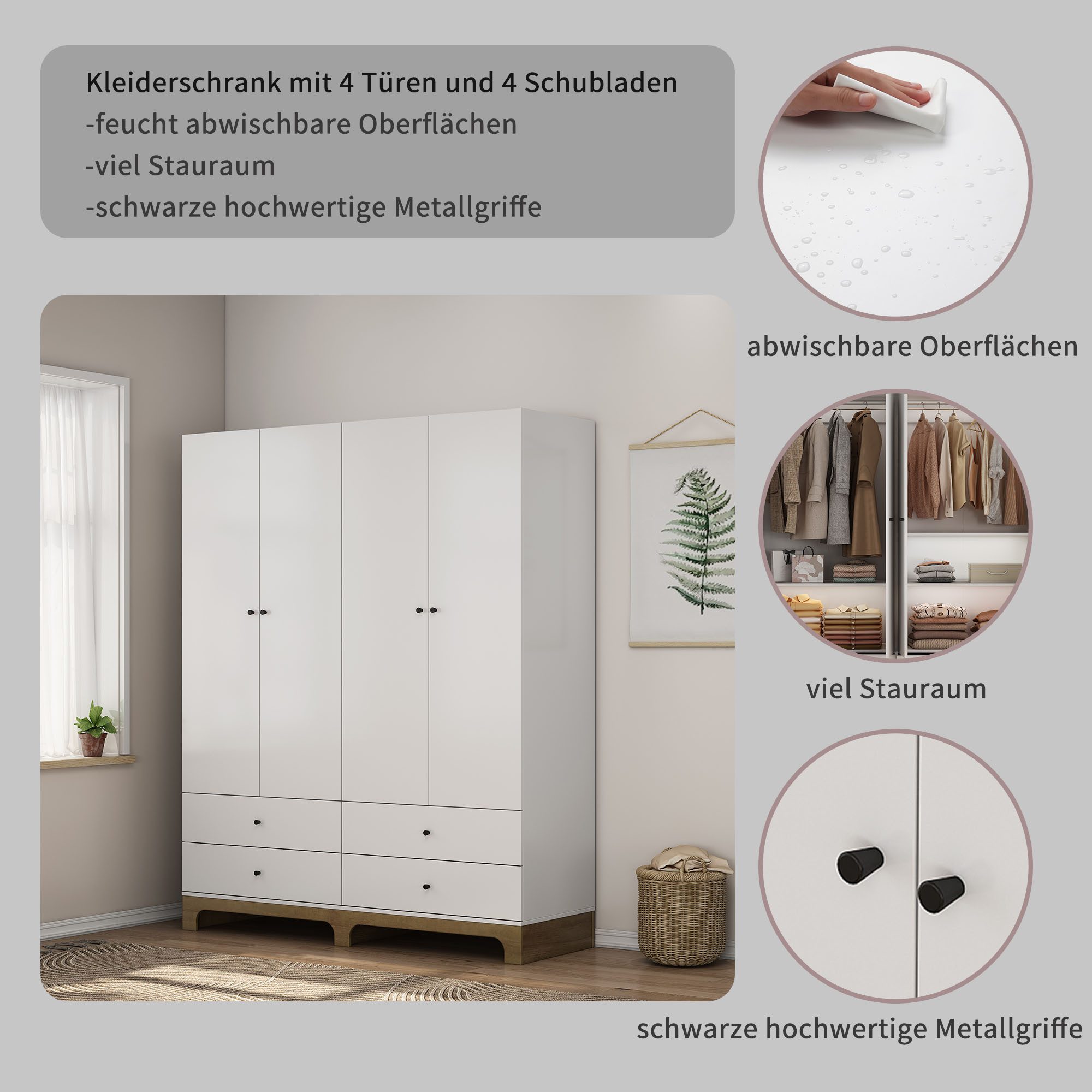 OTTO home Kleiderschrank Oslo Schlafzimmerschrank Garderobe weiß Landhaus Schlafzimmerschrank mit 4 Türen und 4 Schubladen, Breite 160cm