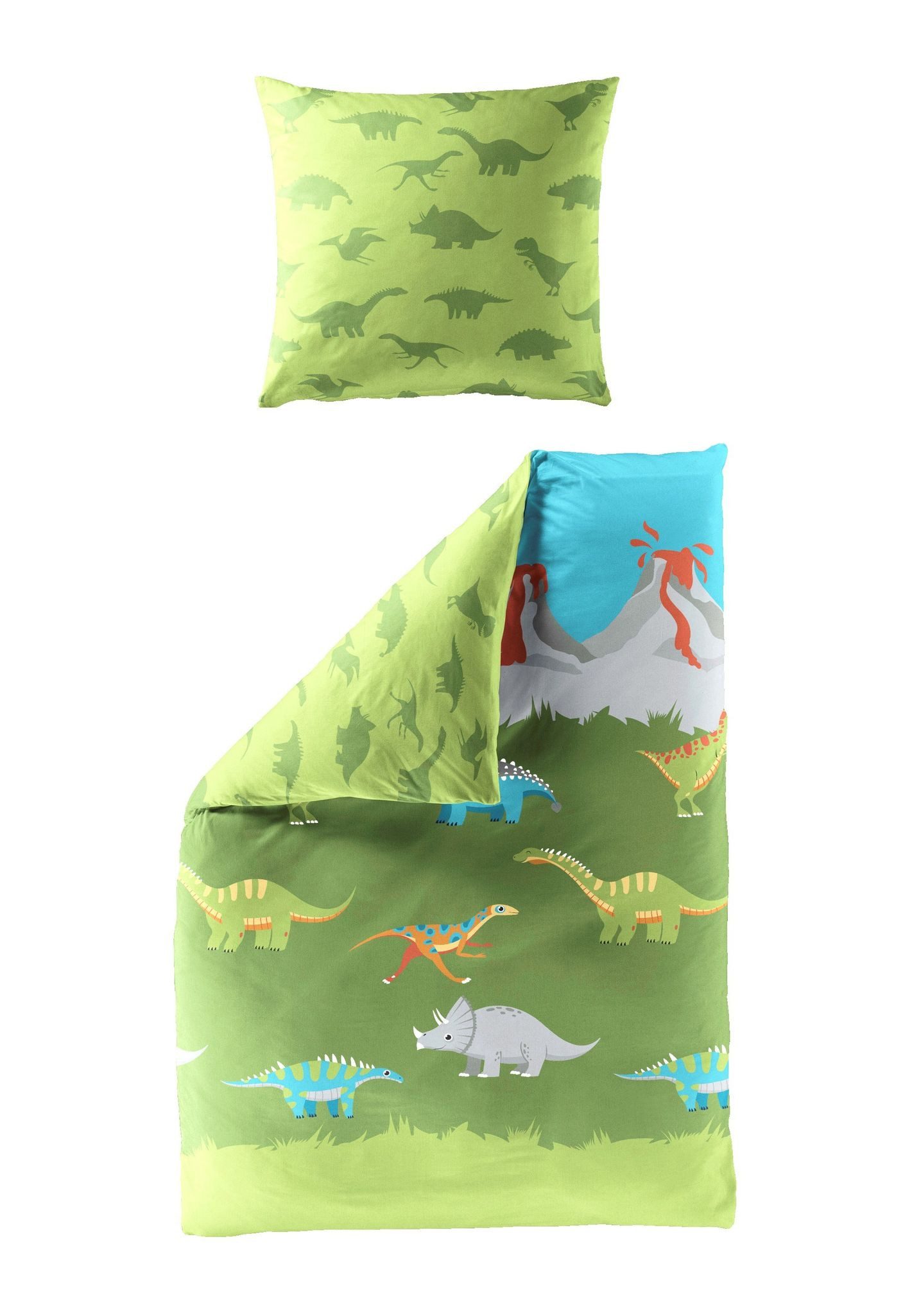 JACK Kinderbettwäsche JACK by Bierbaum Kinder Biber Bettwäsche 2 tlg. 135x200cm Dinosaurier, Biber, 2 teilig, farbenfrohe Dinos, Vulkane, warme Kinderbettwäsche – Bild 5 von 5