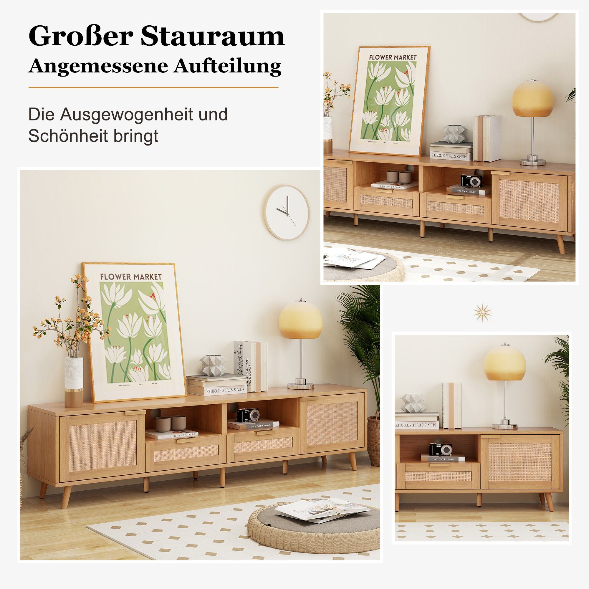 TV-Schrank mit Geflochtener TV-Tisch Holzfüßen, (TV-Konsolentisch,200*37*49cm) Sideboard massiven Rattan-TV-Boards SPLOE HAUSS Natur Beistellschrank