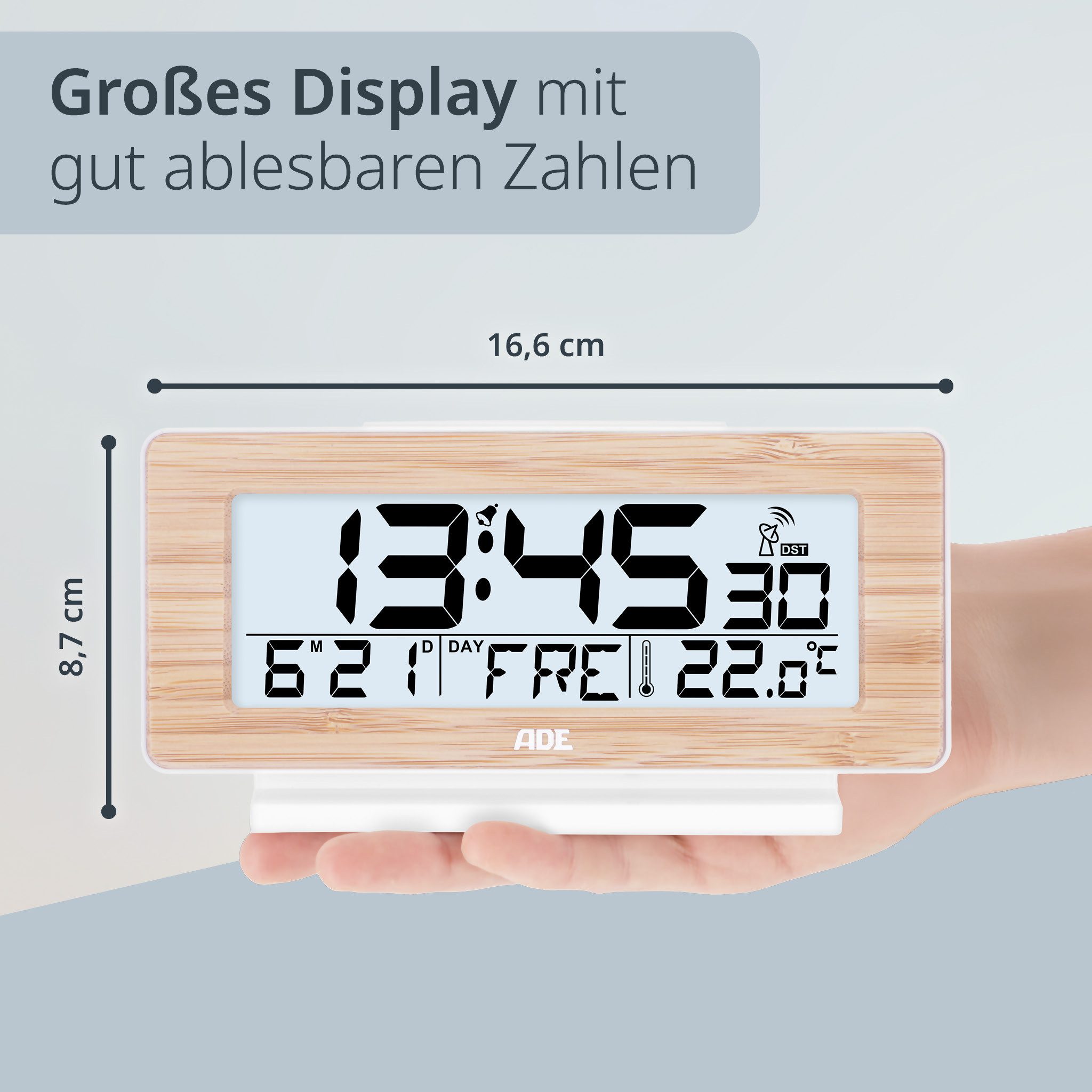 ADE Funkwecker Digitaler Wecker mit Beleuchtung, ohne Ticken mit Wochentag- und Temperaturanzeige und Weckfunktion, leicht ablesbar