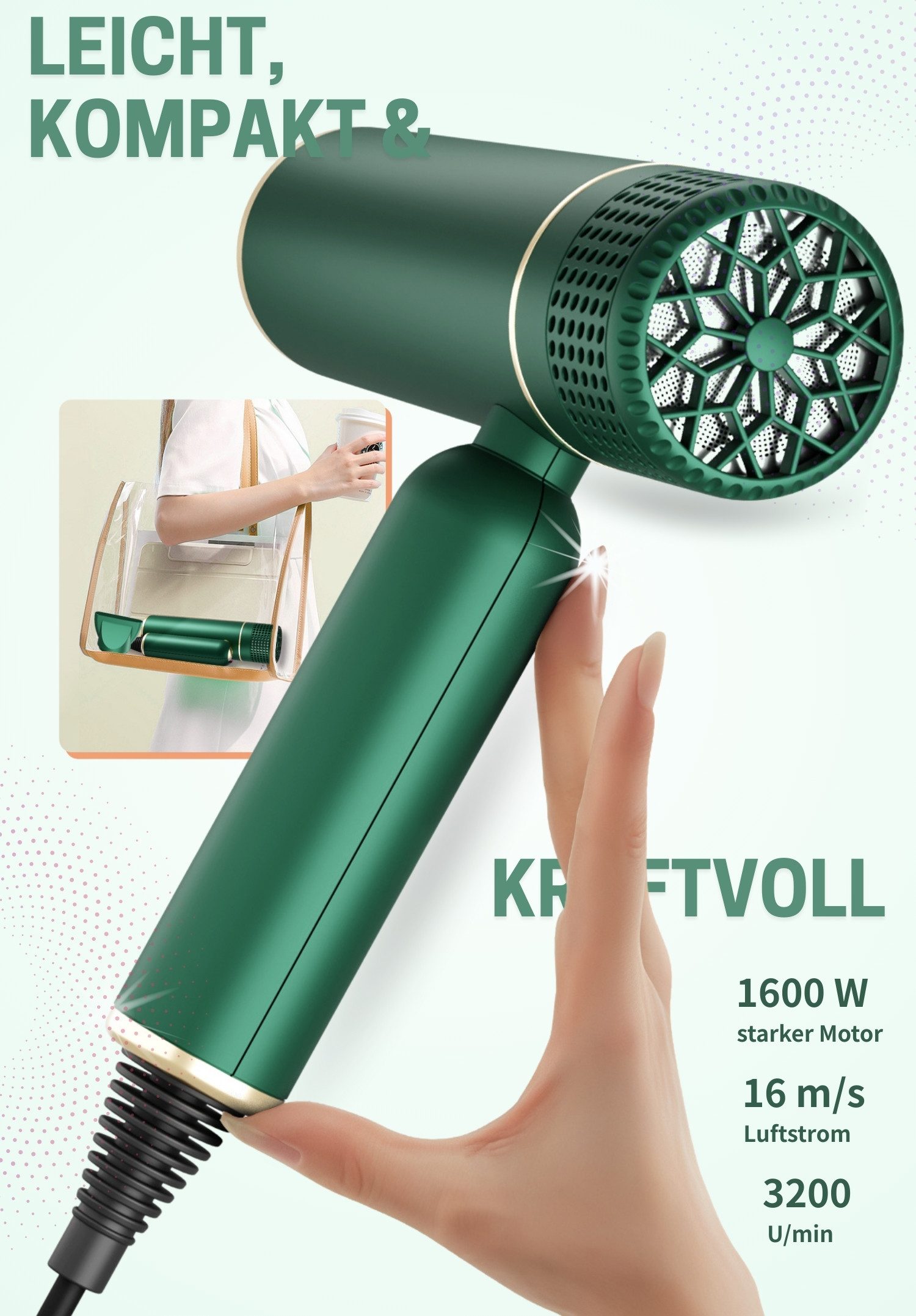 MCURO Ionic-Haartrockner Kompakter Ionen Föhn mit Tasche, 1600 W, Konzentrator Düse & Diffusor-Option, Haartrockner leicht & kompakt, für Reise, Fitness oder Büro