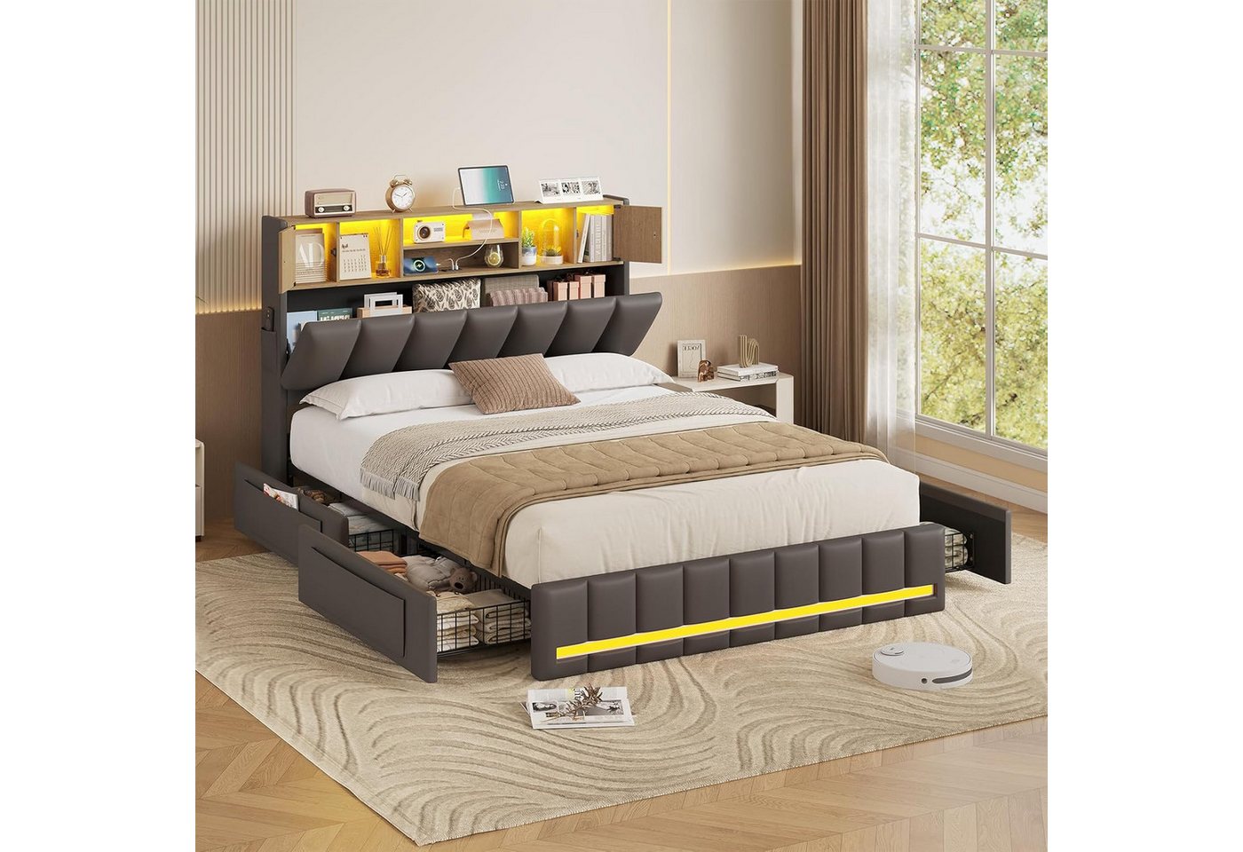 KIMENICH Polsterbett Bettgestell mit LED-Beleuchtung, 4 Schubladen, Ladestation, 140x190 cm, Grau