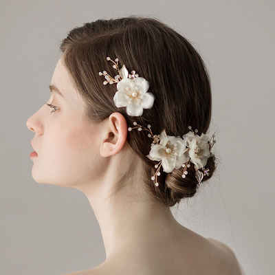 Henreal Haarspange Braut Blume Seite Haarspangen Hochzeit Perlen Chiffon Haarschmuck