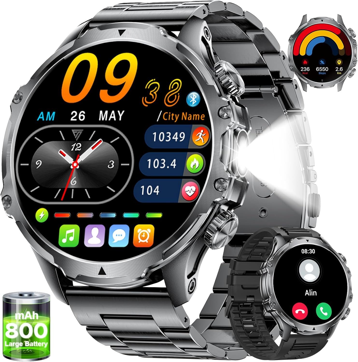 Lige FV15-G-WSD Smartwatch (4,7 cm, android ios), Robuste Smartwatch mit LED-Taschenlampe und Bluetooth-Telefonie