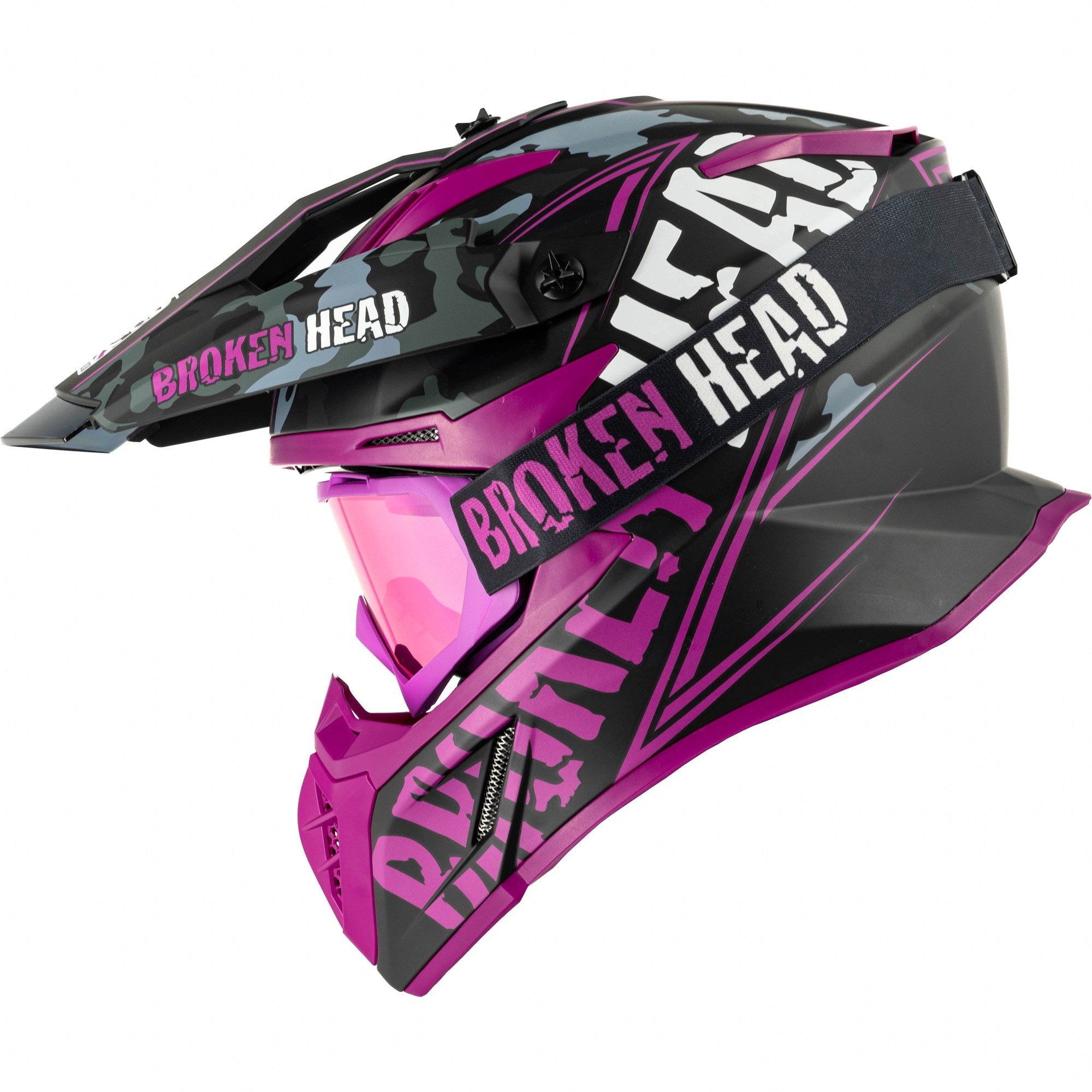 Broken Head Motocrosshelm Squadron Rebelution Pink + MX-2 Brille Pink (Mit MX-2 Brille Pink Verspiegelt), Zwei Verschlüsse