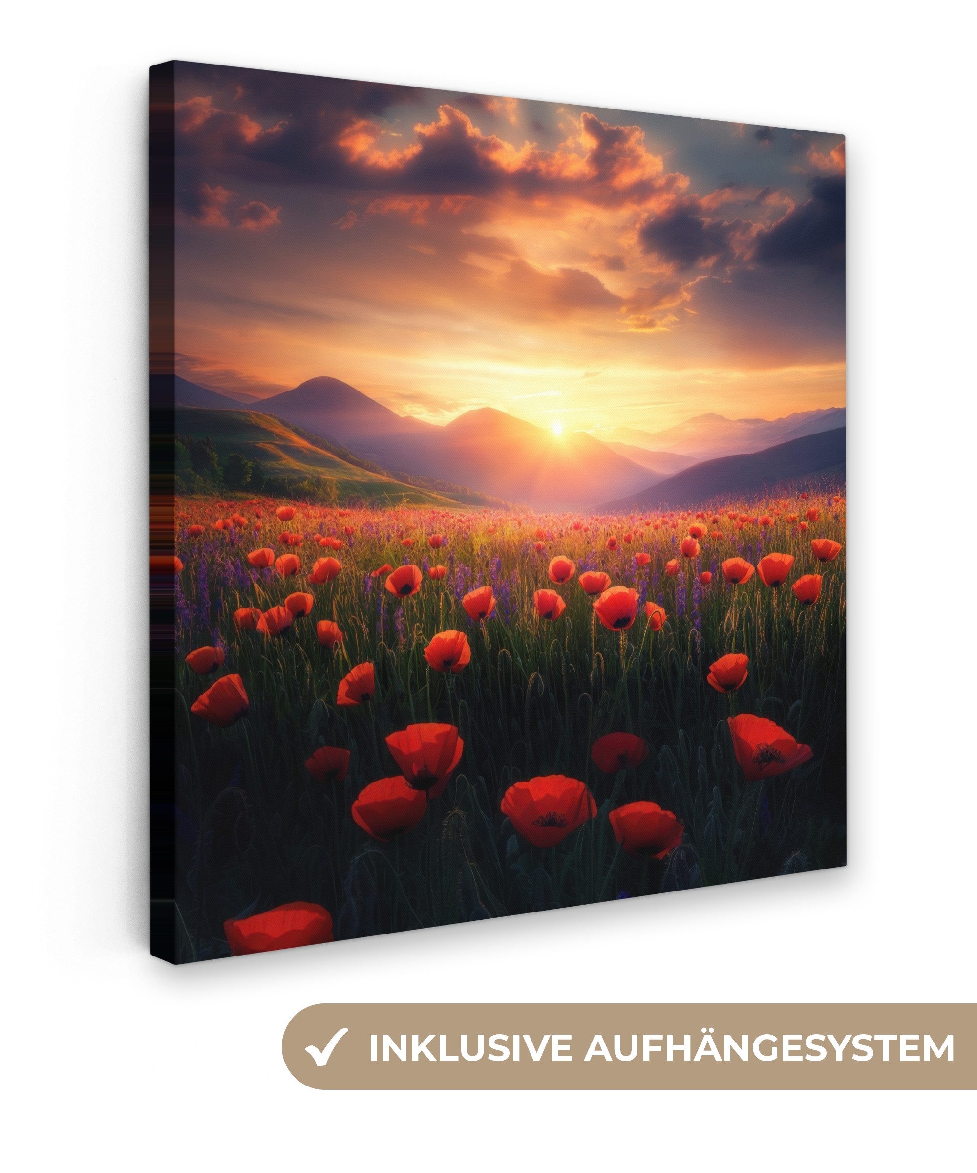 OneMillionCanvasses® Leinwandbild Landschaft - Sonnenuntergang - Blumenfeld, Fotodruck (1 St), Wandbild, Deko Schlafzimmer Wohnzimmer Flur 20x20 cm