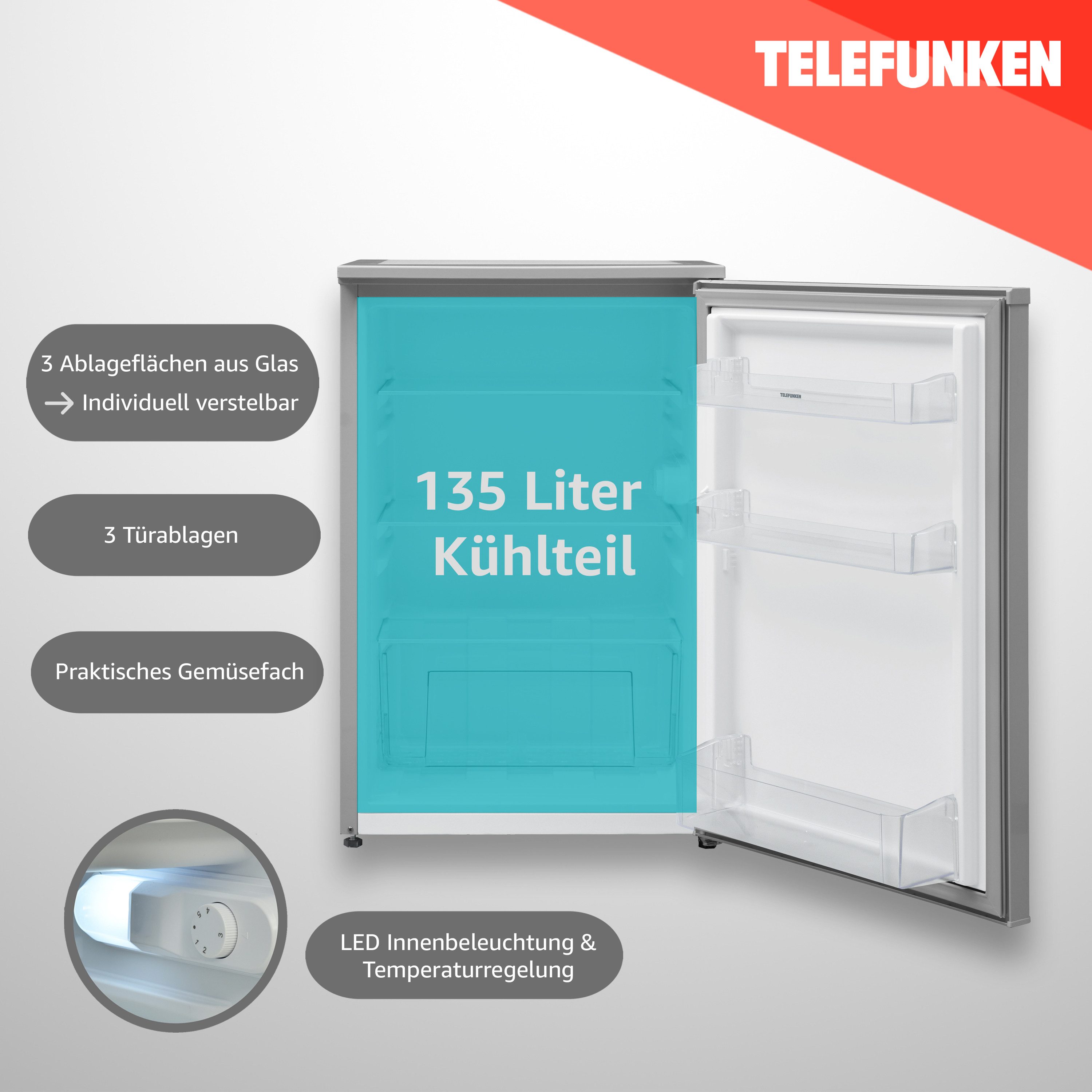 Telefunken Kühlschrank C-135-100-S, 83.8 cm hoch, 54 cm breit, 135 Liter Nutzinhalt, ohne Gefrierfach, klein, freistehend, silber