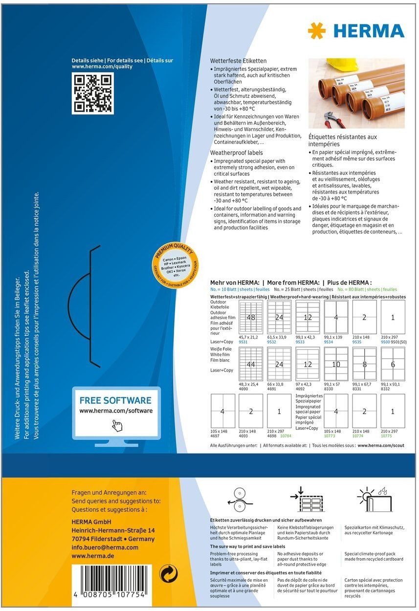 Thumbnail - HERMA Etiketten Etiketten Papier witterungsbest. weiß 210x297mm Special A4 LaserCopy V
