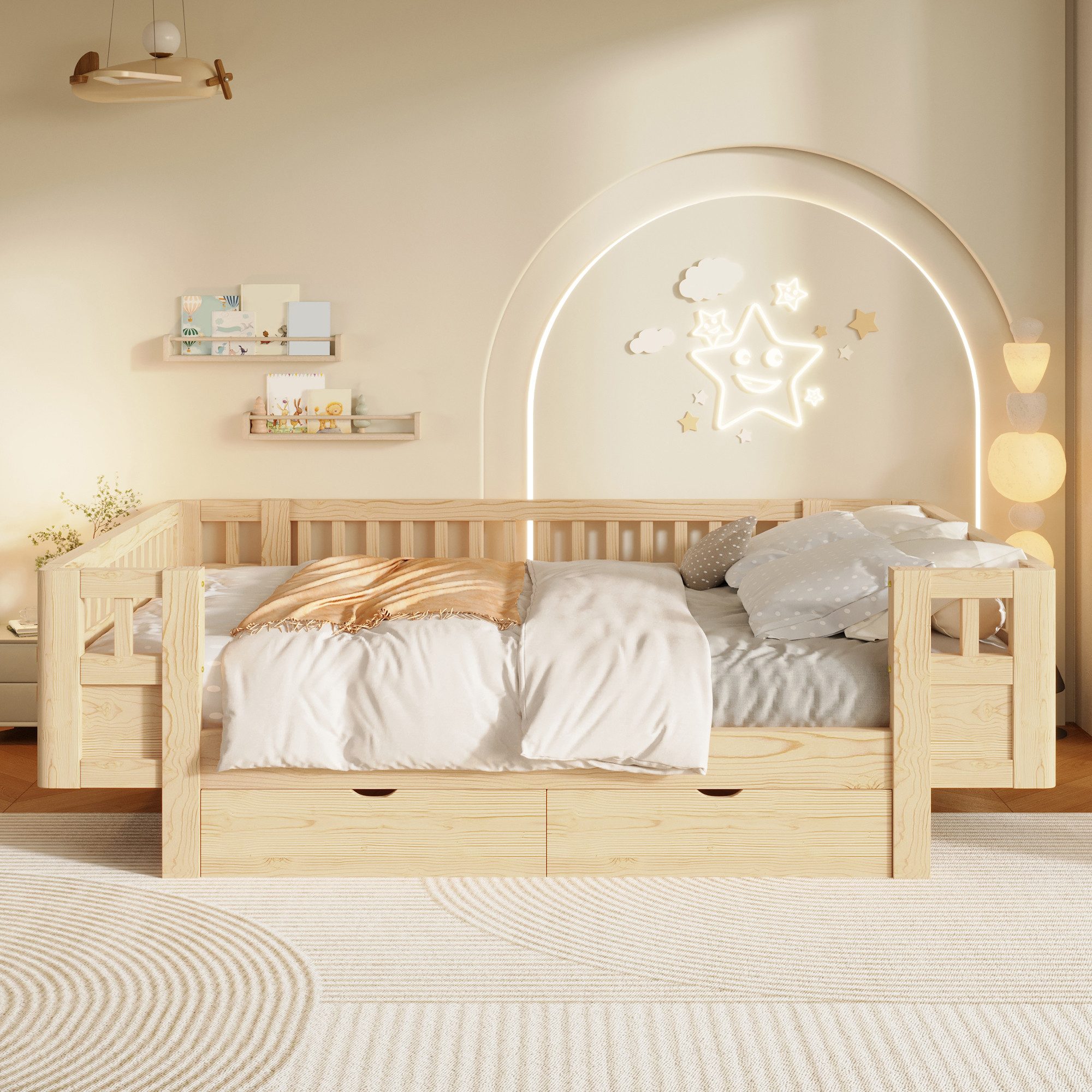 Merax Kinderbett mit Schutzgitter und 2 großen Schubladen (1-tlg), Massivholz Plattformbett 140x200cm Stauraumbett Jugendbett