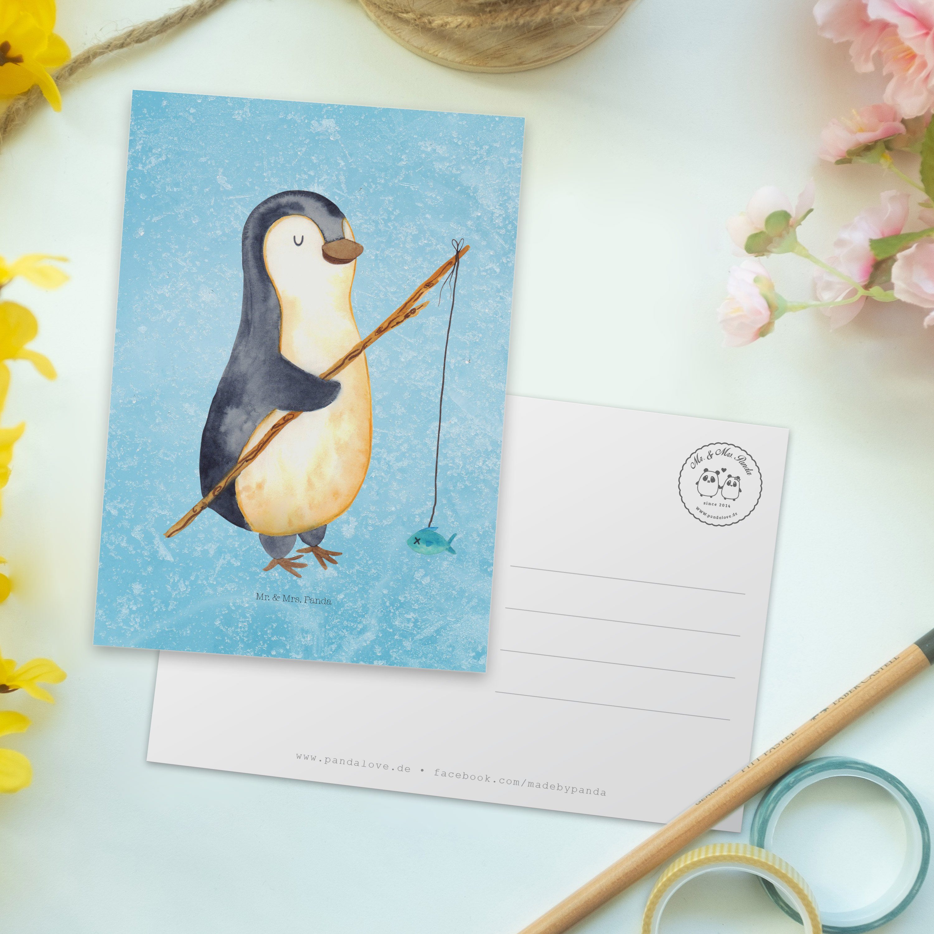 - Mr. & Panda Pinguin Ansichtskarte Postkarte Mrs. - Angel, Tagesplan, Geschenk, Angler Eisblau
